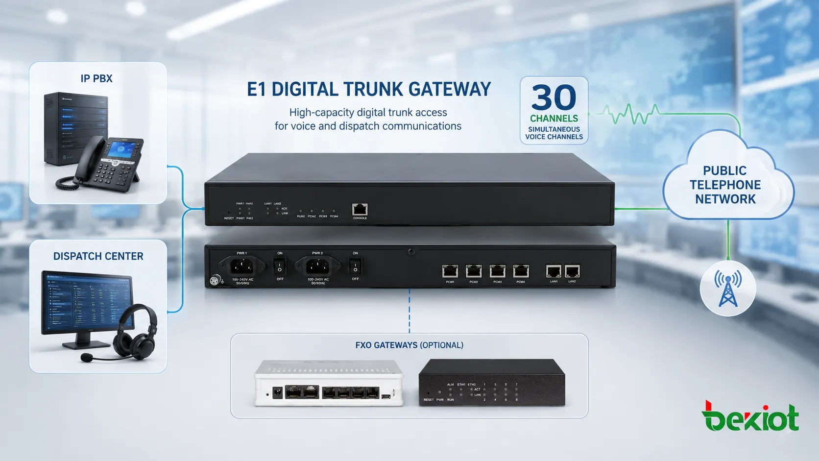 30 本の同時音声チャネルで IP PBX、ディスパッチセンター、公衆電話網を接続する E1 デジタルトランクゲートウェイ