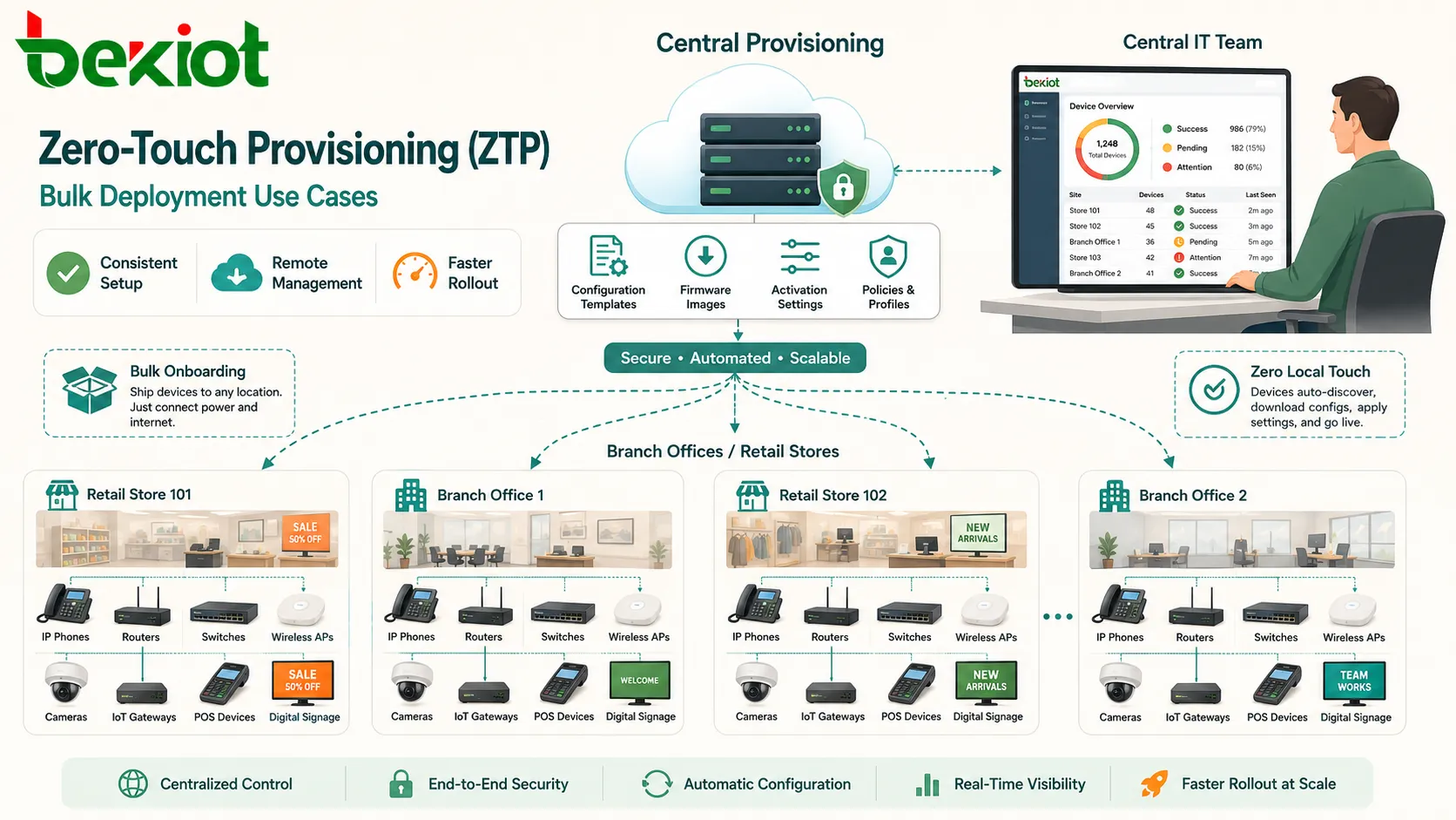 Zero-Touch Provisioning ZTP の一括展開利用シーン IP電話 ルーター スイッチ 無線アクセスポイント カメラ IoTゲートウェイ 支店機器を示す図