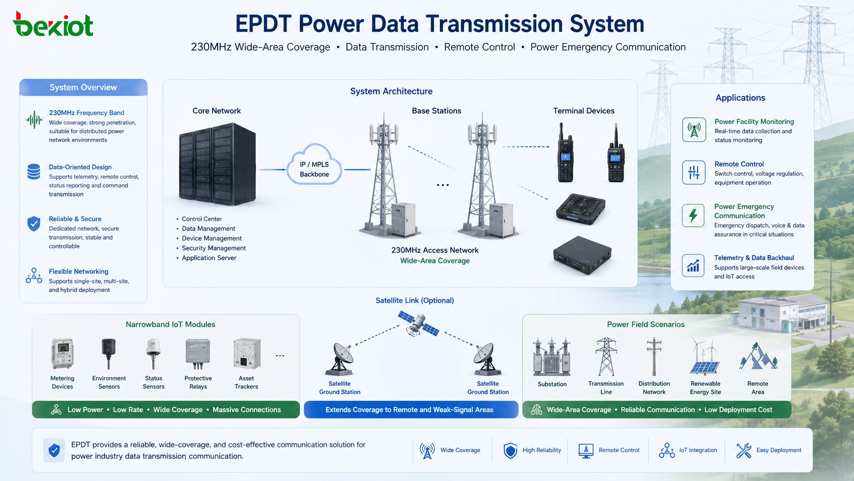 EPDT電力データ伝送システム 230MHzコアネットワーク 基地局 端末 衛星リンク 狭帯域IoTモジュール 遠隔制御 電力緊急通信