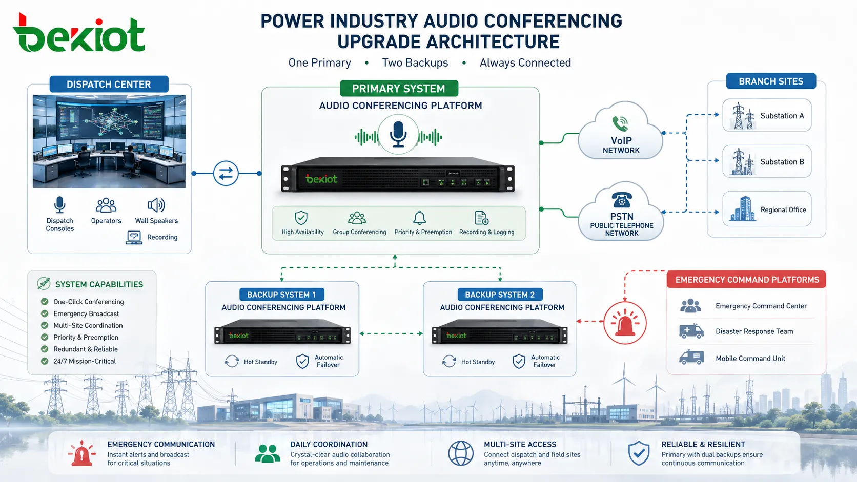 IP 電話、固定電話、モバイルユーザー、会議室、通信ゲートウェイ、事業者中継を接続する電力会社向け VoIP と PSTN の混合オーディオ会議ソリューション
