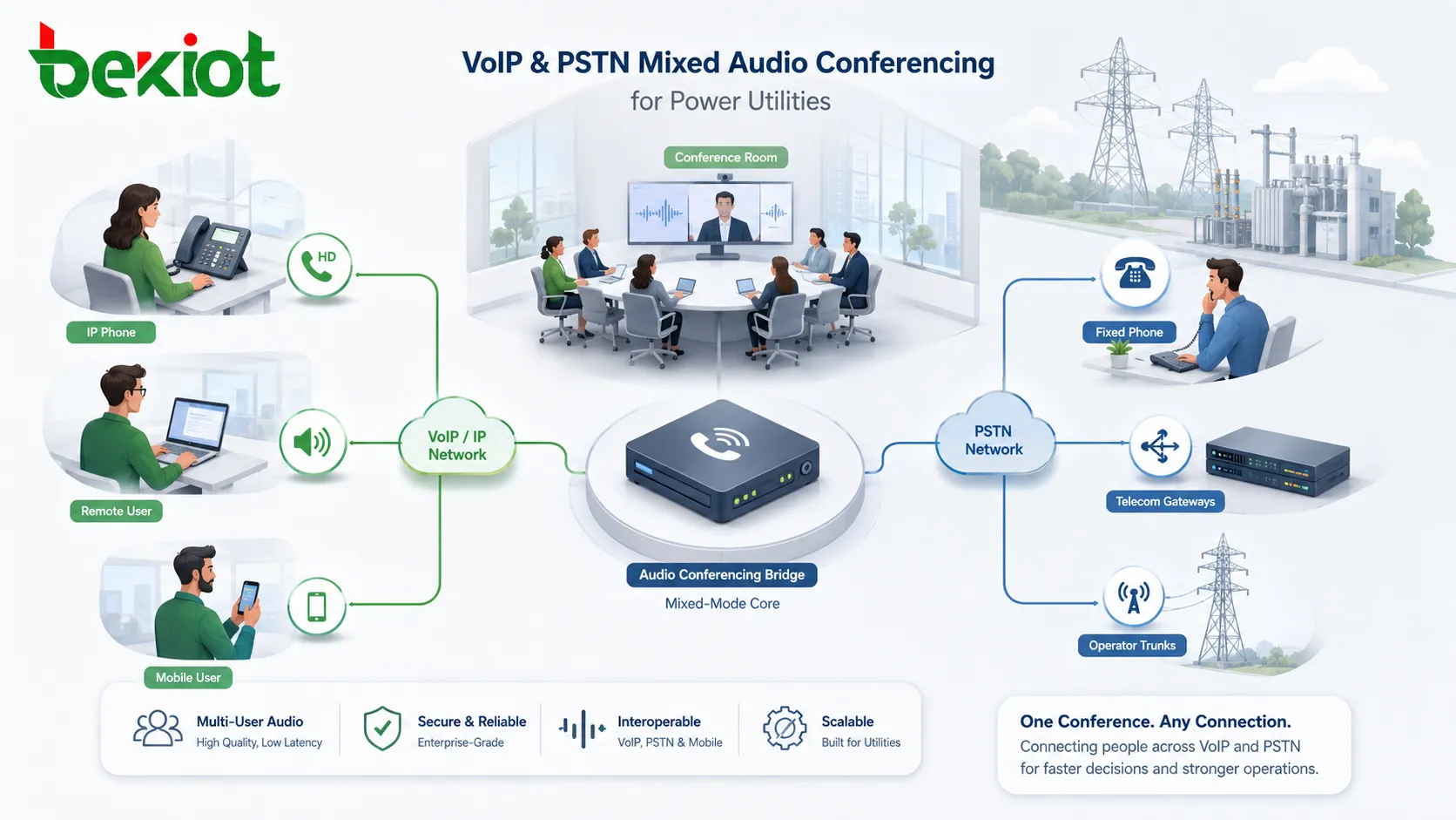 給電センター、ビデオ会議 MCU、OA プラットフォーム、API 制御、会議室音声ゲートウェイ、現場ユーザーを接続する電力業界向け非常時指令オーディオ会議統合