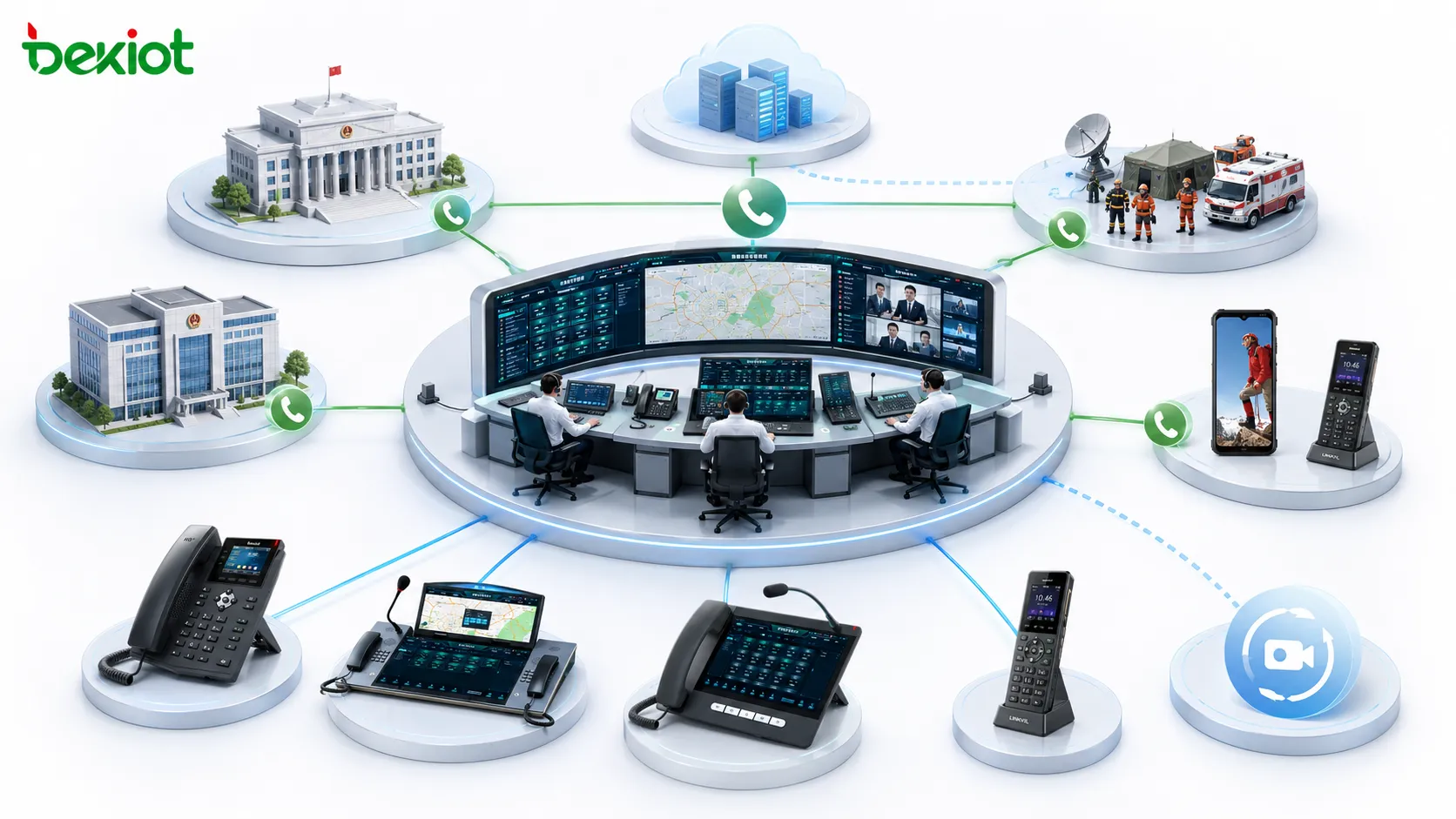 指揮センター、政府部門、現場救助チーム、モバイルユーザー、VoIP、PSTN、ビデオ会議バックアップを接続する緊急電話会議アーキテクチャ