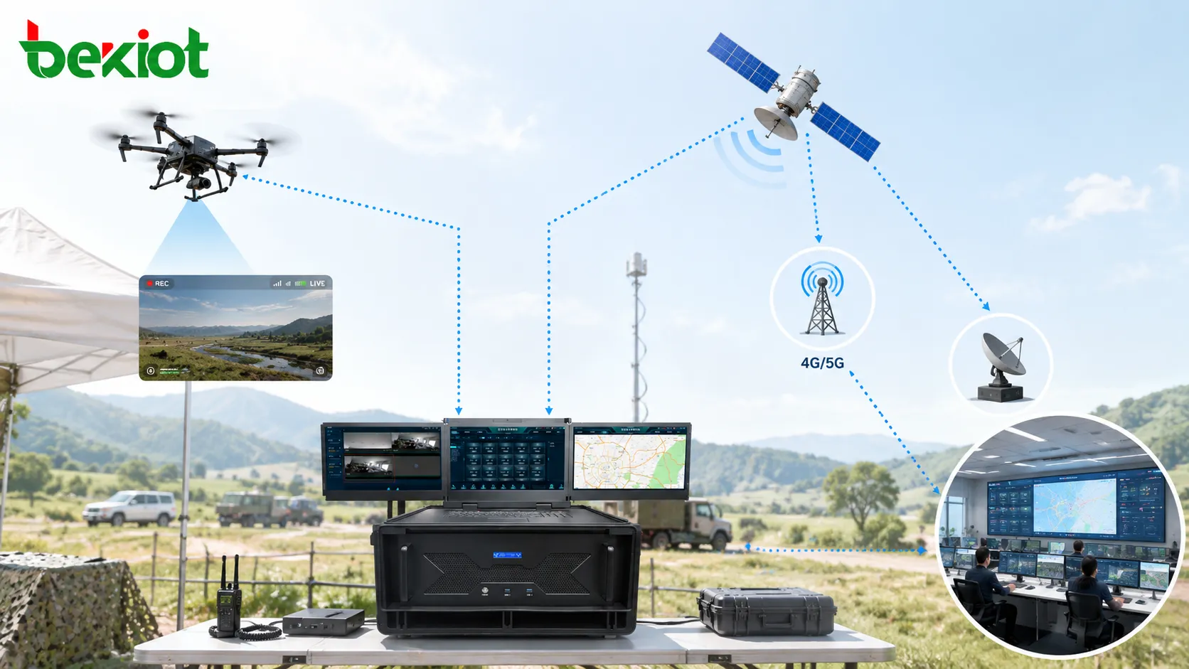 ブロードバンドアドホックネットワークおよび衛星 4G 5G 伝送によるドローン映像バックホール