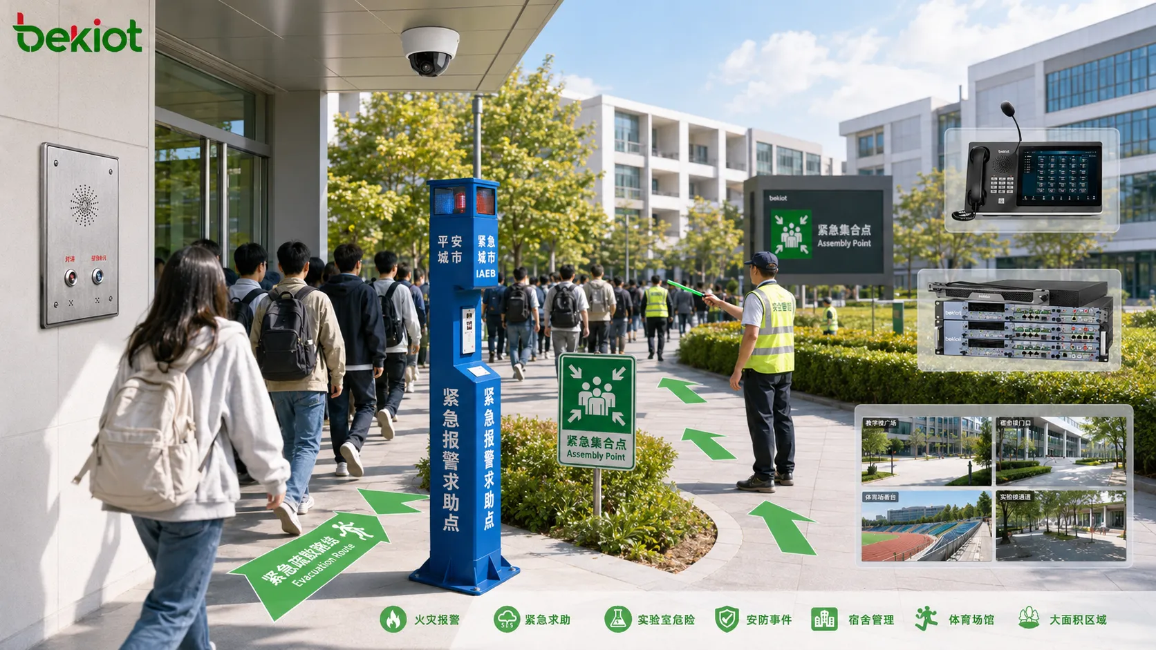 産業プラント、病院、交通駅、キャンパス、商業ビル、公共施設での避難用途
