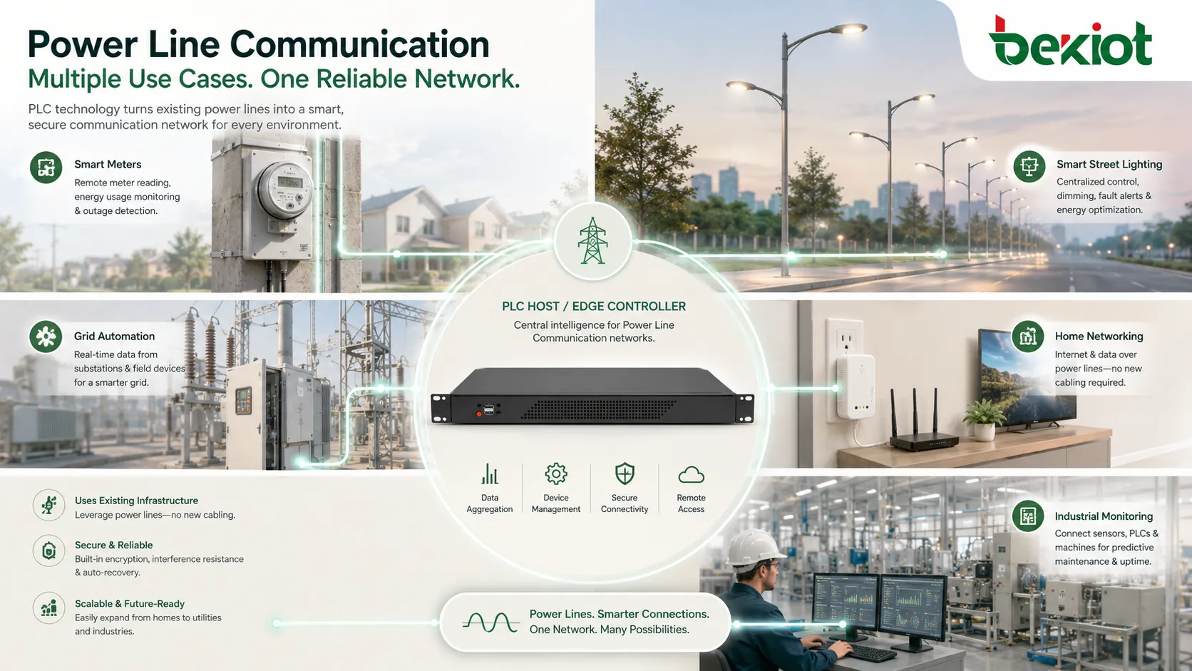 スマートメーター、街路灯、電網自動化、家庭ネットワーク、産業監視における電力線通信の用途