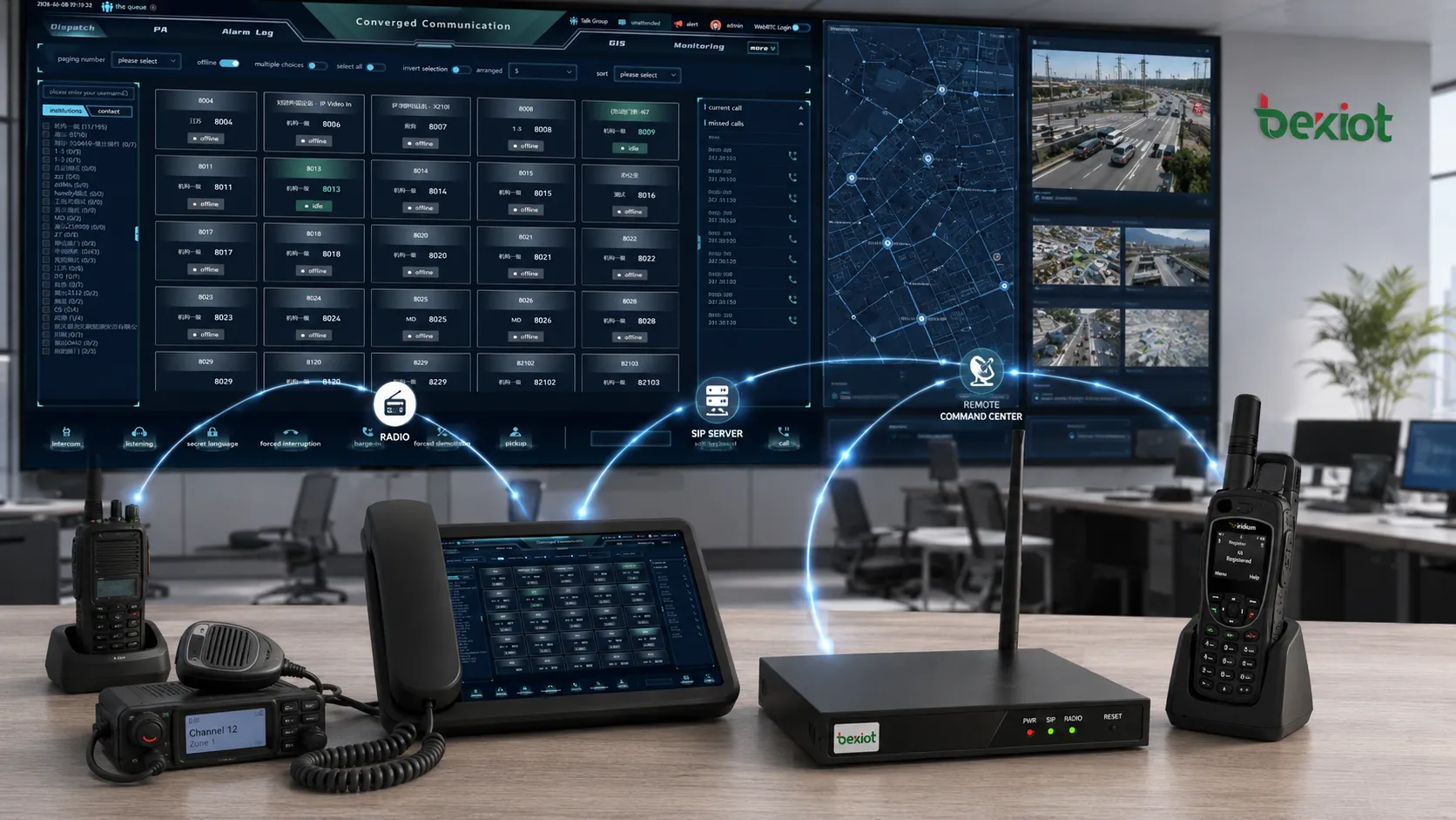 RoIP ゲートウェイ 携帯型音声ディスパッチコンソール SIP サーバー 衛星電話 遠隔指揮センターの統合アーキテクチャ