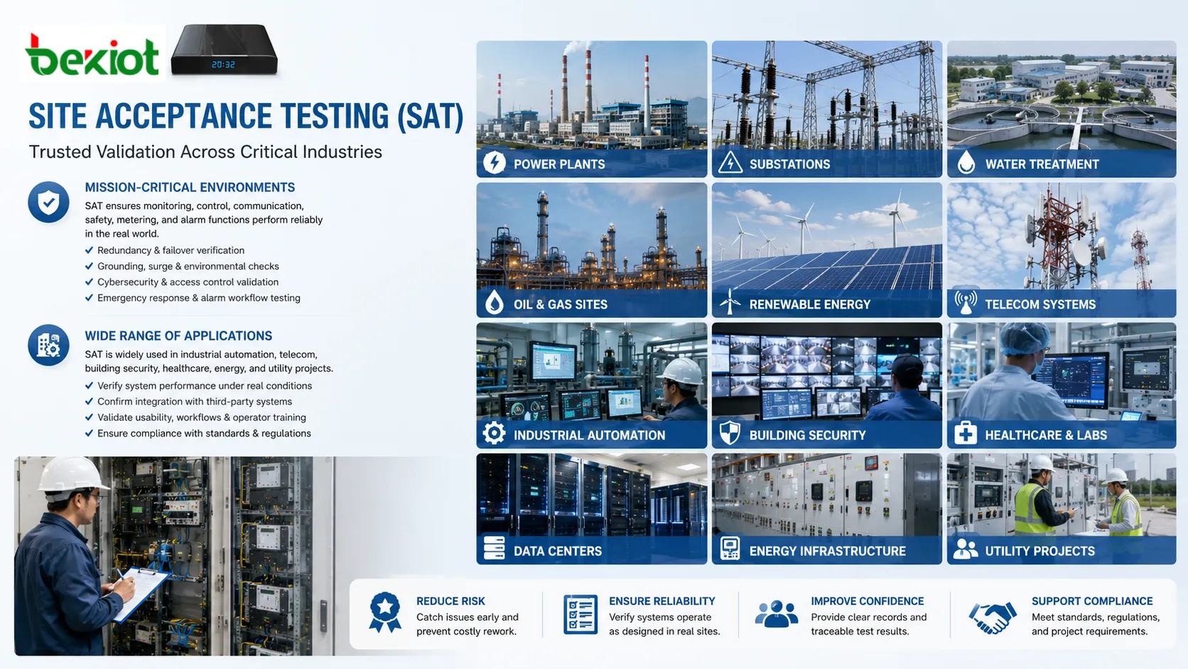 Site Acceptance Testingの用途 産業オートメーション 通信 ビルセキュリティ 医療 エネルギー公益プロジェクト