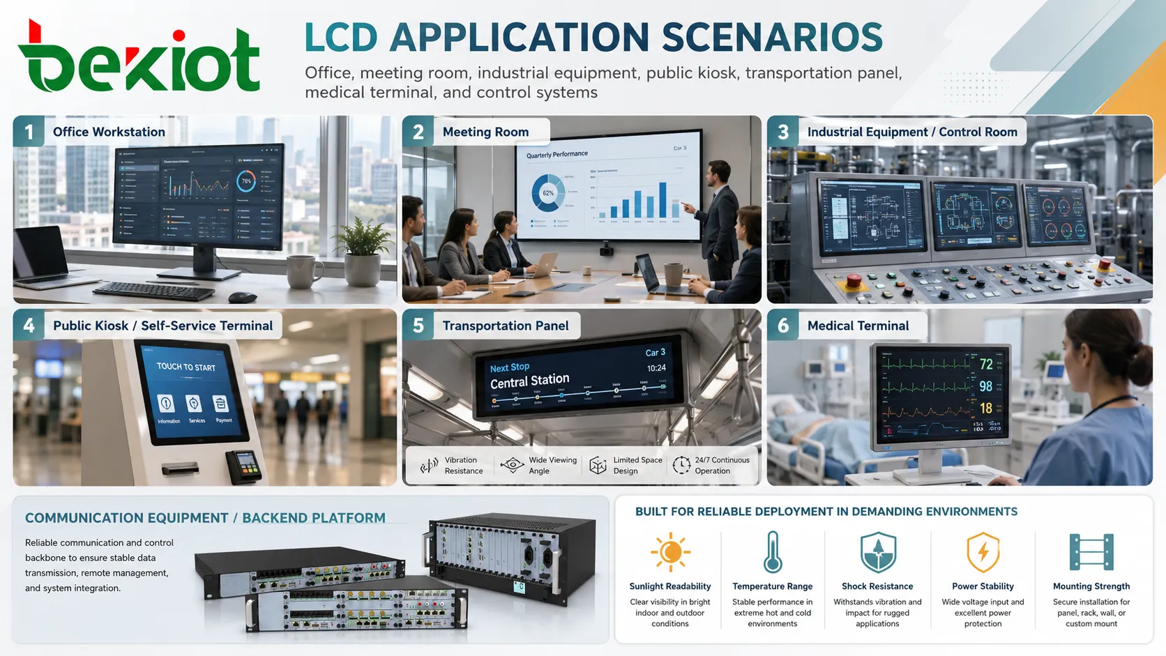 オフィス会議室、産業機器、公共キオスク、交通パネル、医療端末での LCD 用途