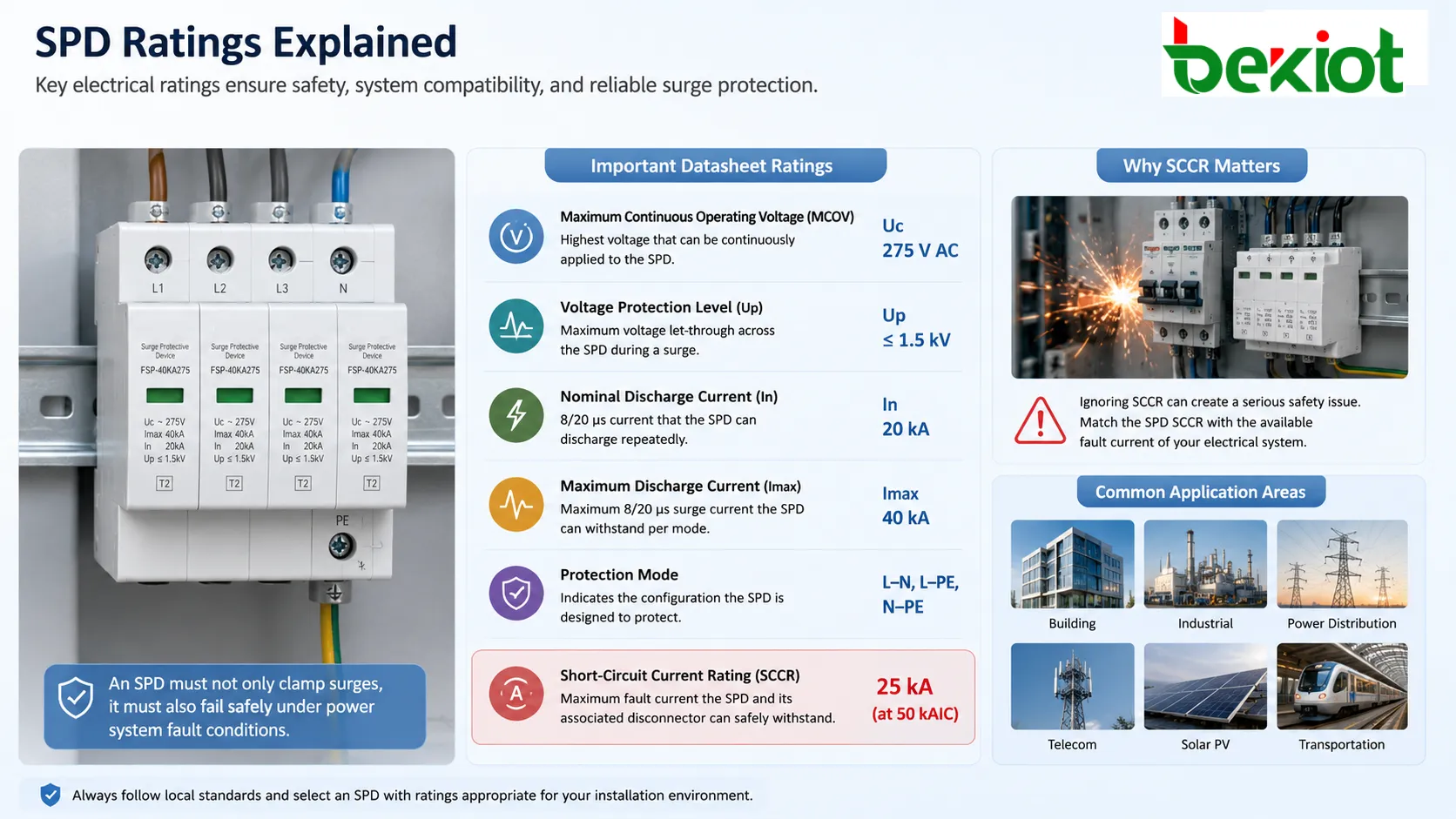 MCOV 電圧保護レベル 放電電流 インパルス電流 短絡電流定格を含むサージ保護デバイス定格