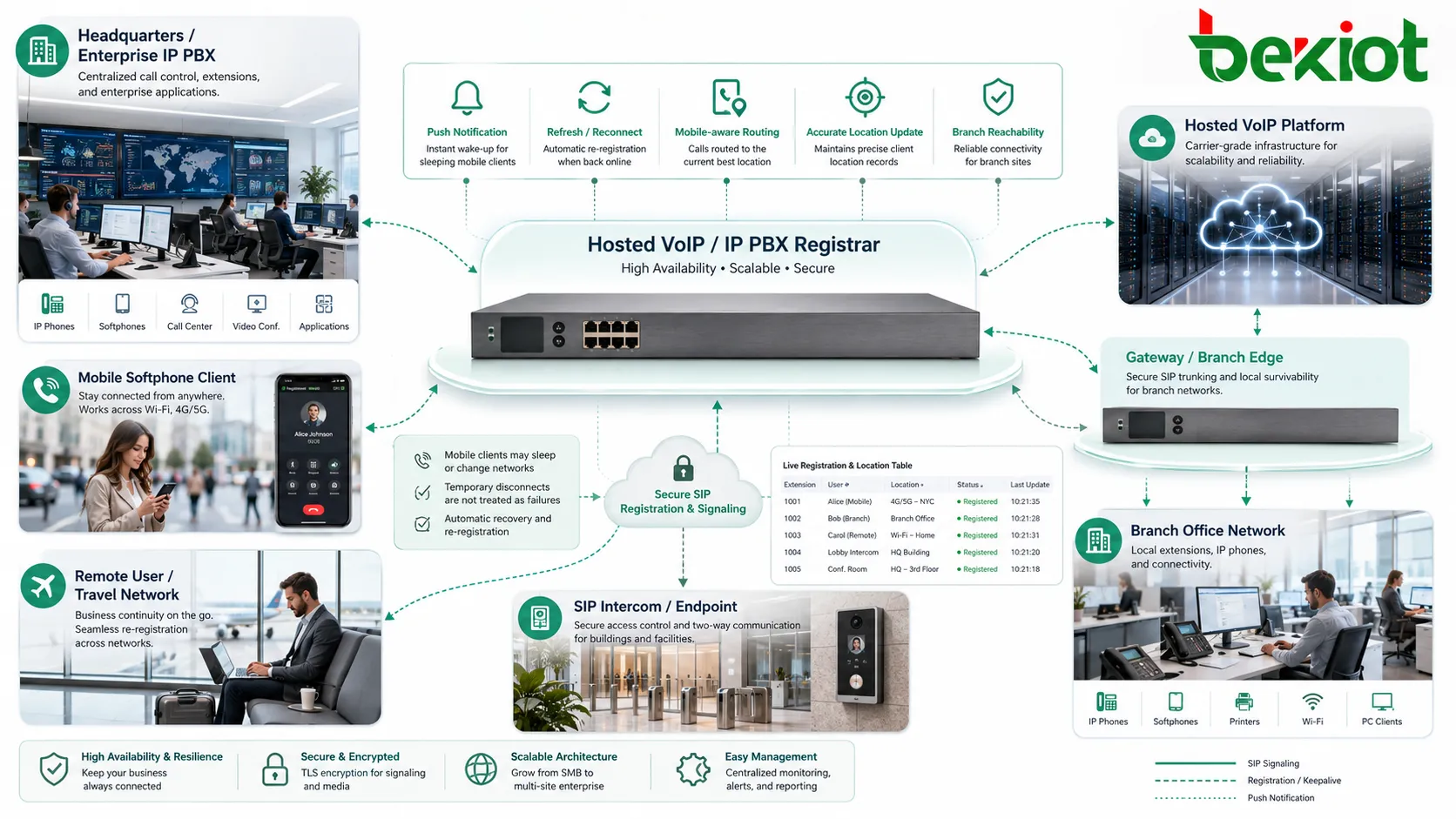 Registrar サービスは IP PBX、ホステッド VoIP、拠点、モバイルクライアント、ゲートウェイ、SIP 端末で利用されます。