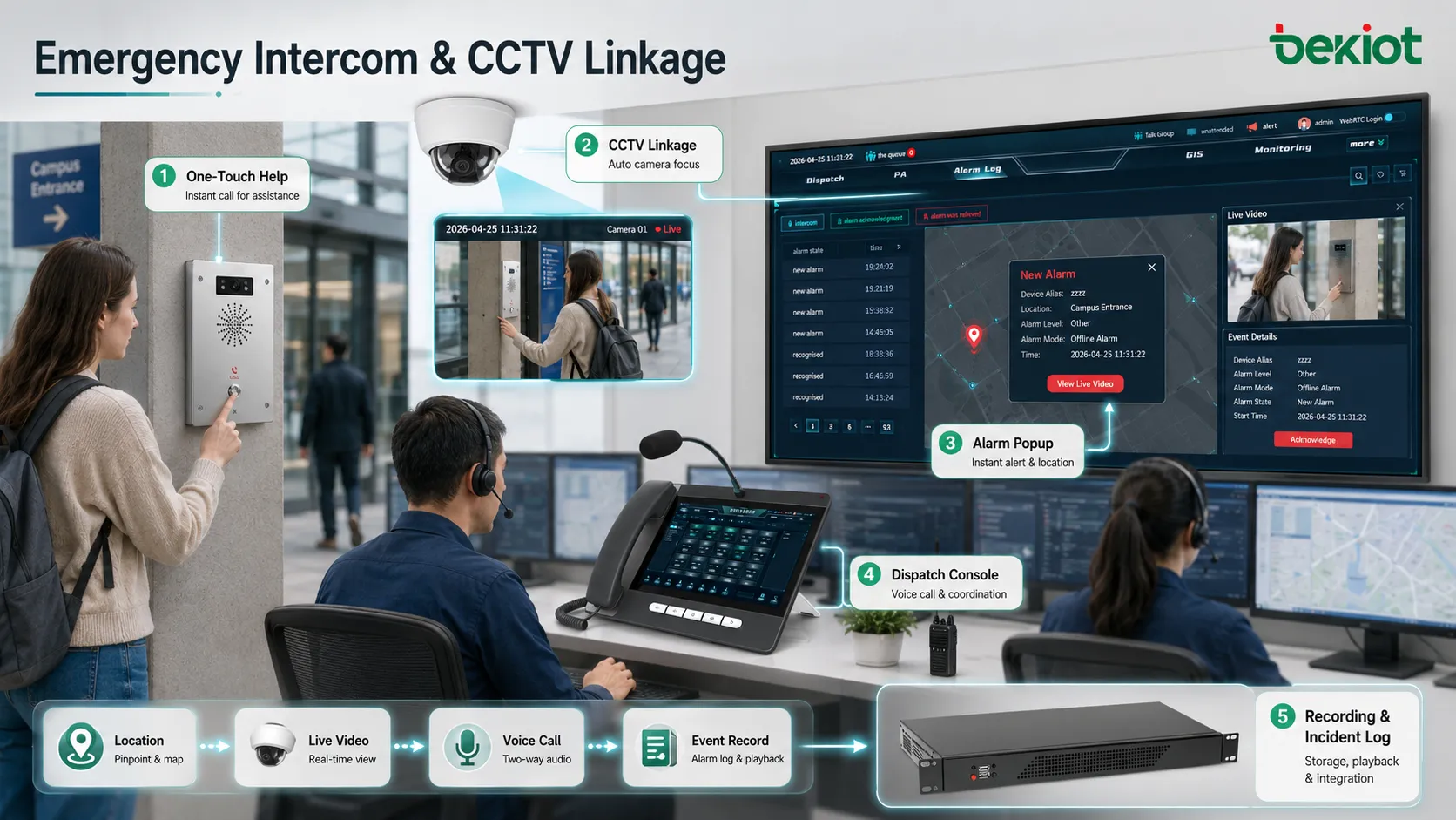 緊急インターコム端末支援システムがCCTVカメラ GISマップ アラームポップアップ 指令オペレーターコンソールと連携する