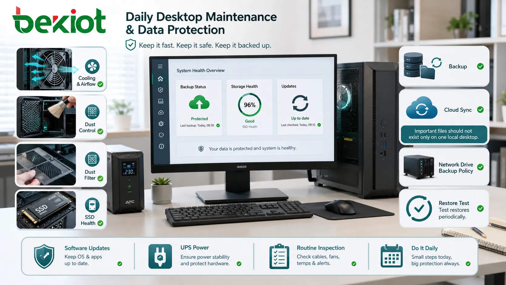 デスクトップコンピューター保守チェックリスト 冷却ファン 防塵フィルター SSD状態 バックアップ UPS ソフトウェア更新画面