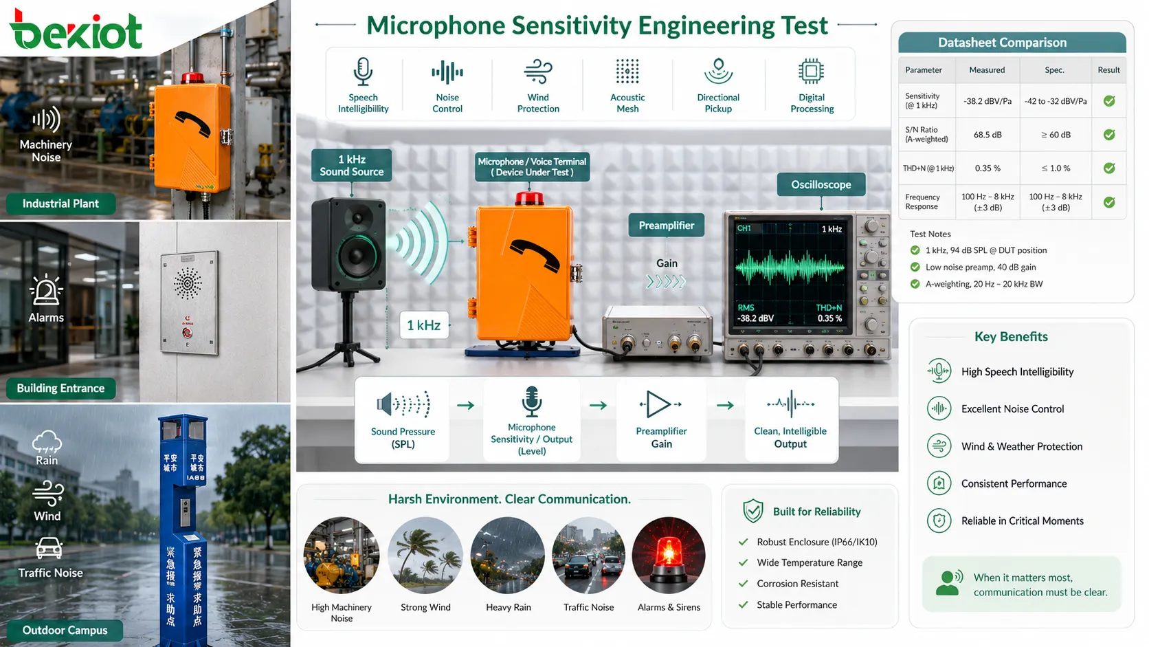 音響室、1 kHz音源、プリアンプ、オシロスコープ、データシート比較を含むマイク感度の工学試験