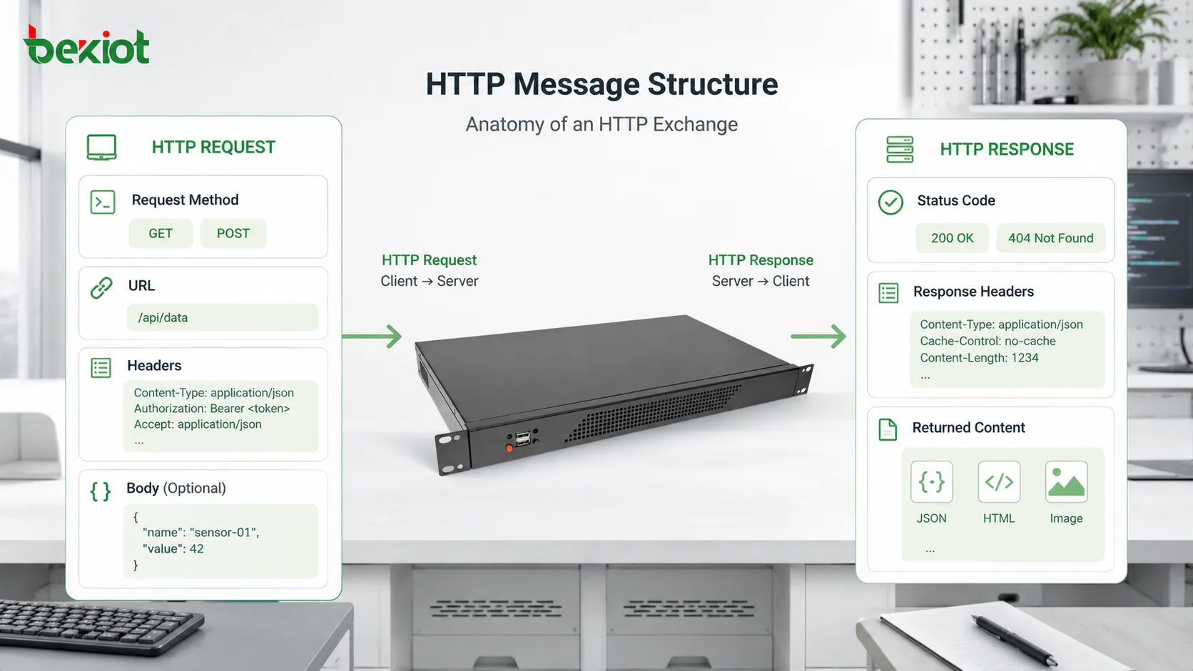 ブラウザクライアント、DNS ルックアップ、Web サーバー、リクエストメソッド、ヘッダー、ステータスコード、レスポンス本文を示す HTTP リクエスト-レスポンスの流れ