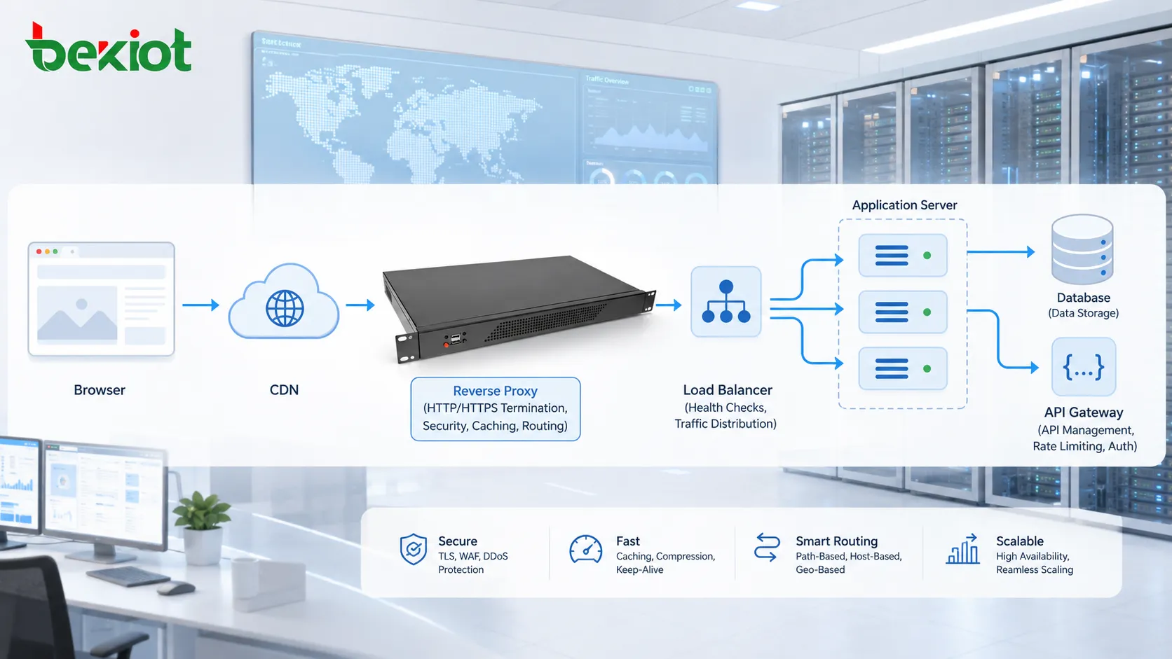 ブラウザ、CDN、リバースプロキシ、ロードバランサー、アプリケーションサーバー、データベース、API ゲートウェイを含む HTTP Web 配信アーキテクチャ