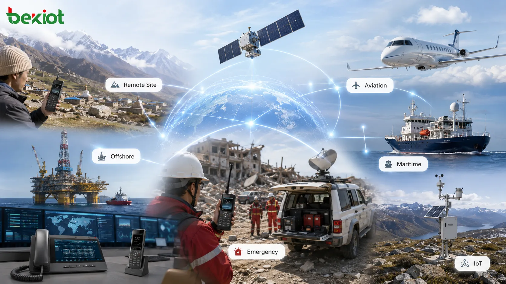 遠隔村、洋上プラットフォーム、航空機、船舶、災害対応車両、IoTセンサーネットワークを示す衛星通信のユースケース