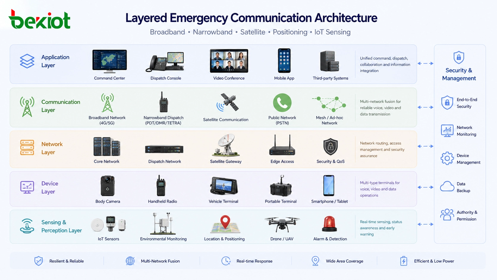 ブロードバンドネットワーク、狭帯域ディスパッチ、衛星リンク、IoTセンシングを備えた階層型緊急通信アーキテクチャ