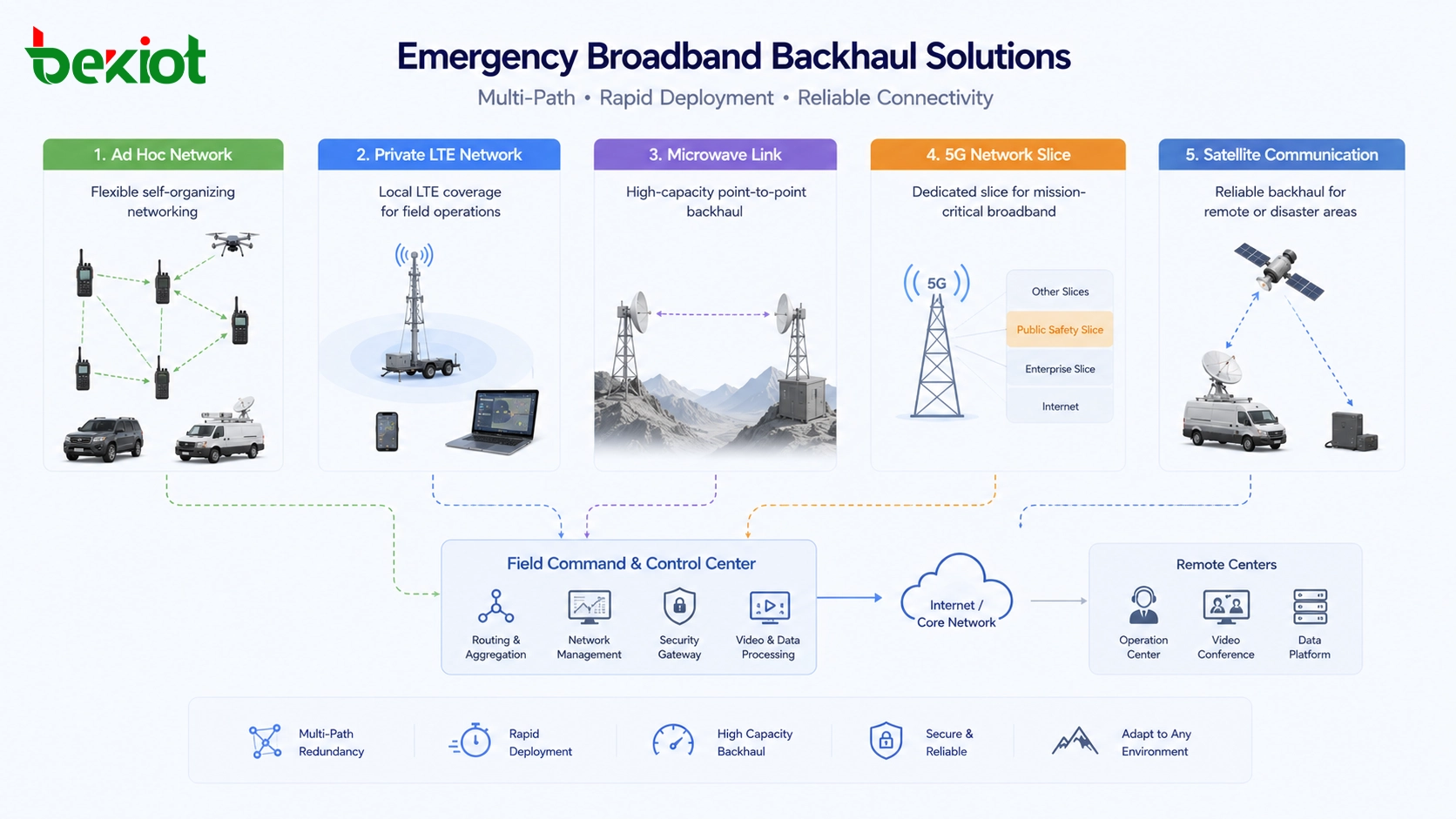アドホックネットワーク、LTEプライベートネットワーク、マイクロ波リンク、5Gスライス、衛星通信を使用した緊急ブロードバンドバックホール