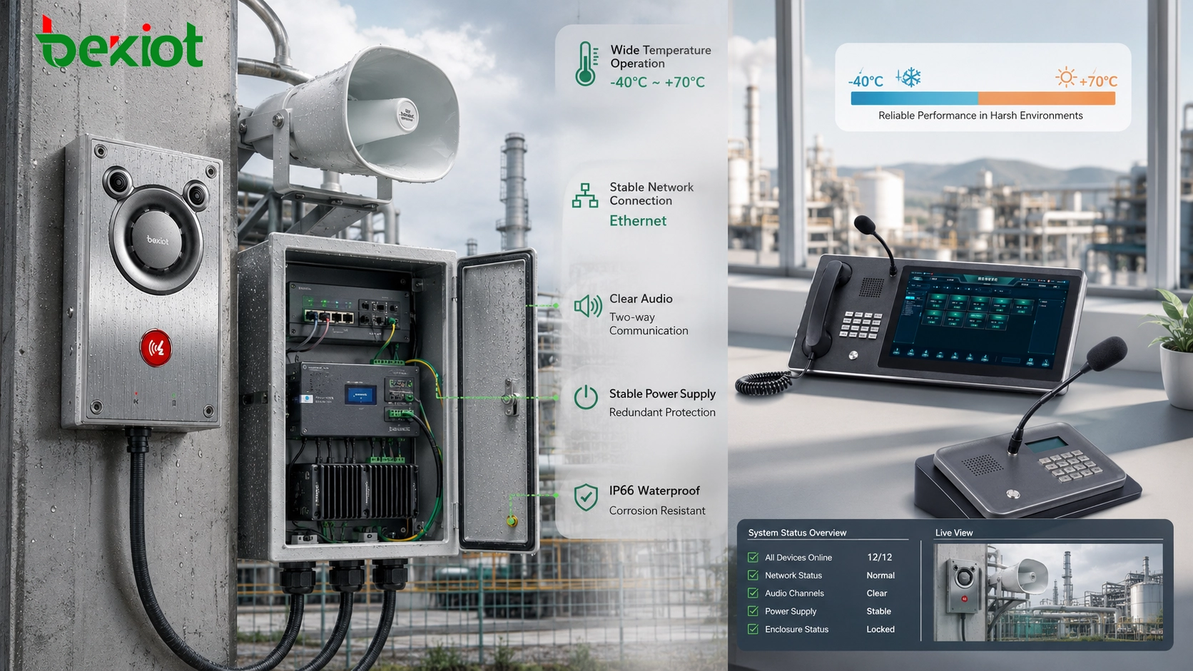 屋外盤、Ethernet、電源モジュール、スピーカー、マイク、温度サイクル、遠隔監視プラットフォームを示す産業通信機器の広温度範囲動作