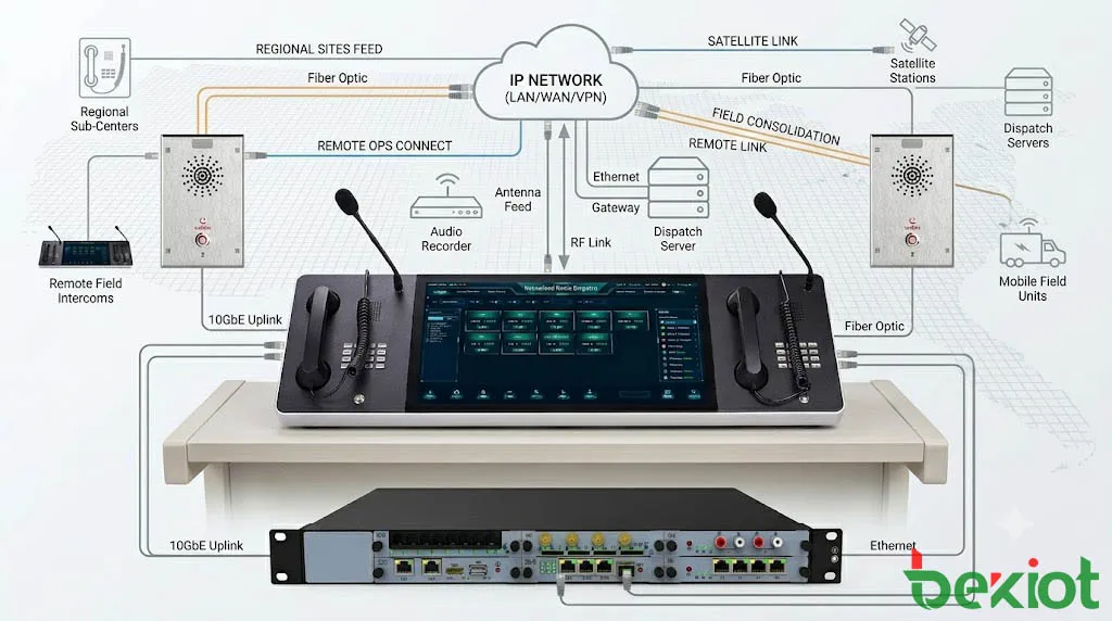 無線中継器、RoIPゲートウェイ、指令サーバー、操作コンソール、録音サーバー、遠隔IPネットワークを示すIPベース無線指令システムアーキテクチャ
