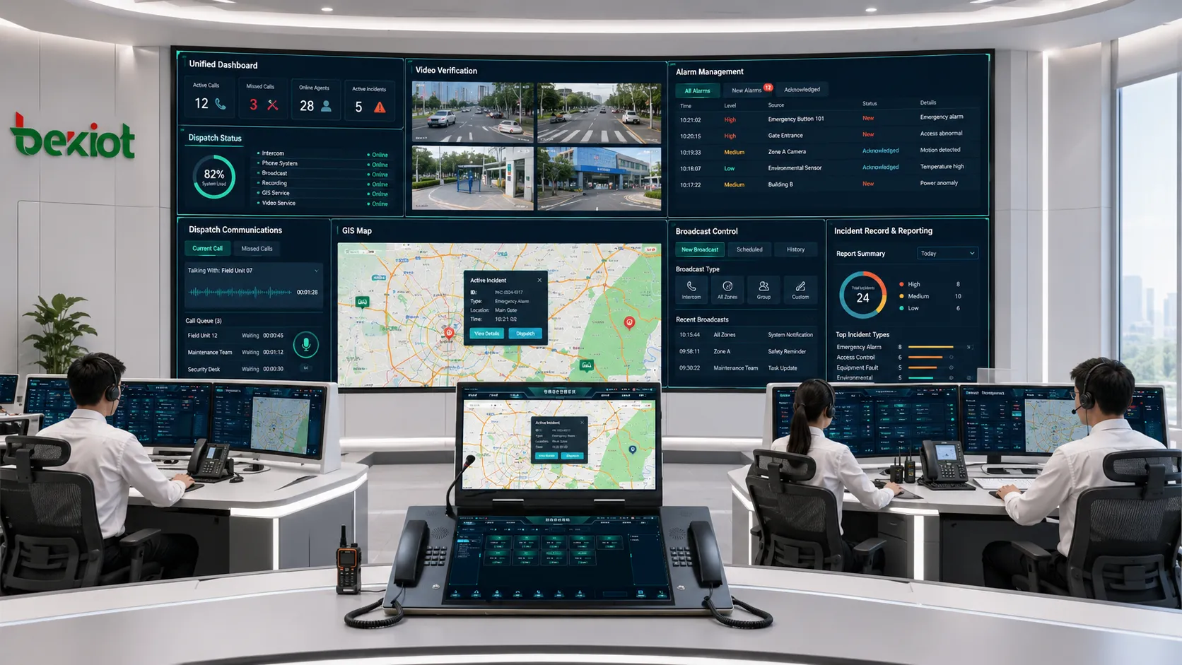 統合ダッシュボード、映像確認、警報管理、GISマップ、配備、通信、事故記録、レポートワークフローを示すコマンドセンター機能モジュール