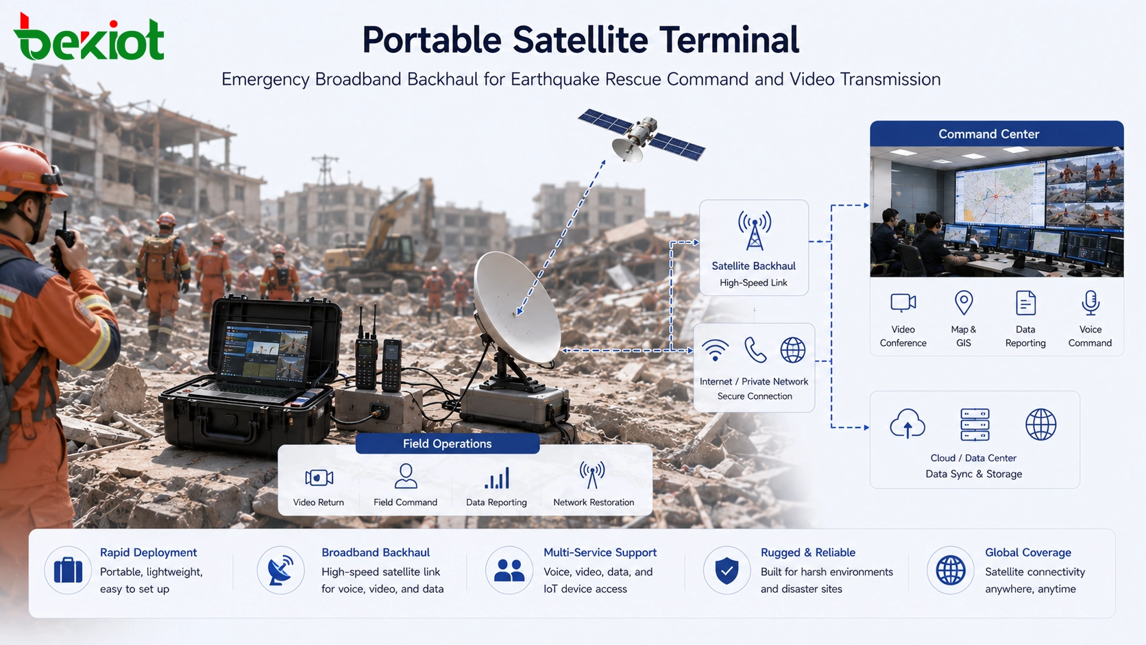 地震救助指揮とビデオ伝送のために緊急ブロードバンドバックホールを提供する可搬型衛星端末