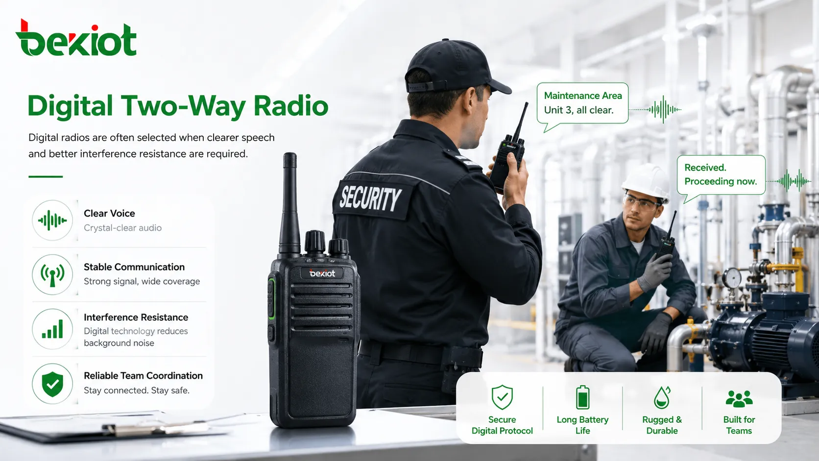 産業用セキュリティおよび保守チームにクリアな音声通信を提供するデジタルトランシーバー