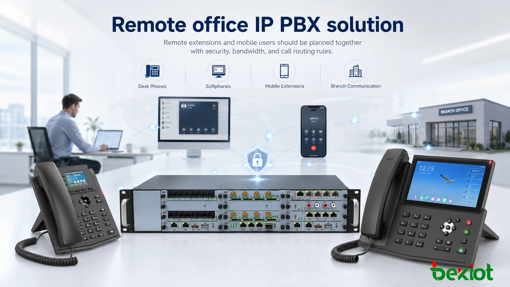 デスクフォン、ソフトフォン、モバイル内線、支社通信を備えたリモートオフィス向けIP PBXソリューション