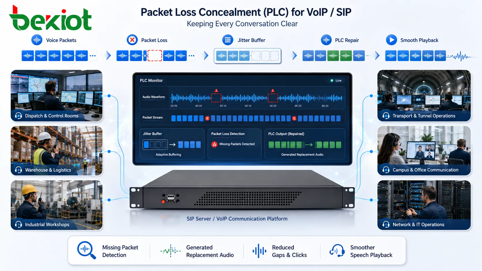 パケット損失補償 による音声補修を示し VoIP 音声パケット 欠落パケット検出 生成された代替音声 ジッタバッファ より滑らかな音声再生を表す