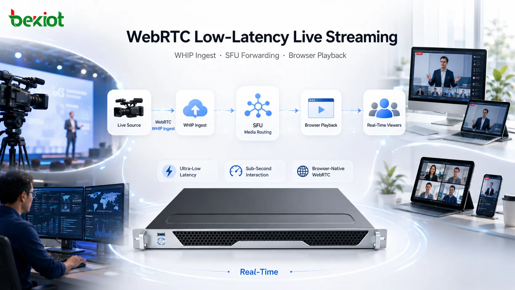 WHIP取り込み、SFUメディアルーティング、ブラウザ再生を含むWebRTC低遅延ライブ配信アーキテクチャ