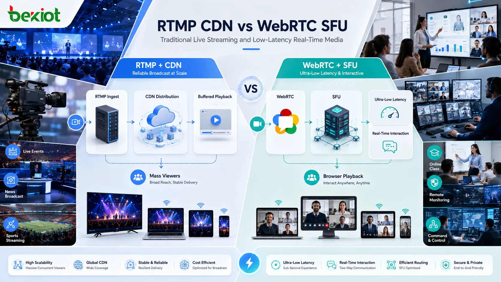 RTMP CDNライブ配信アーキテクチャとWebRTC SFU低遅延配信アーキテクチャの比較