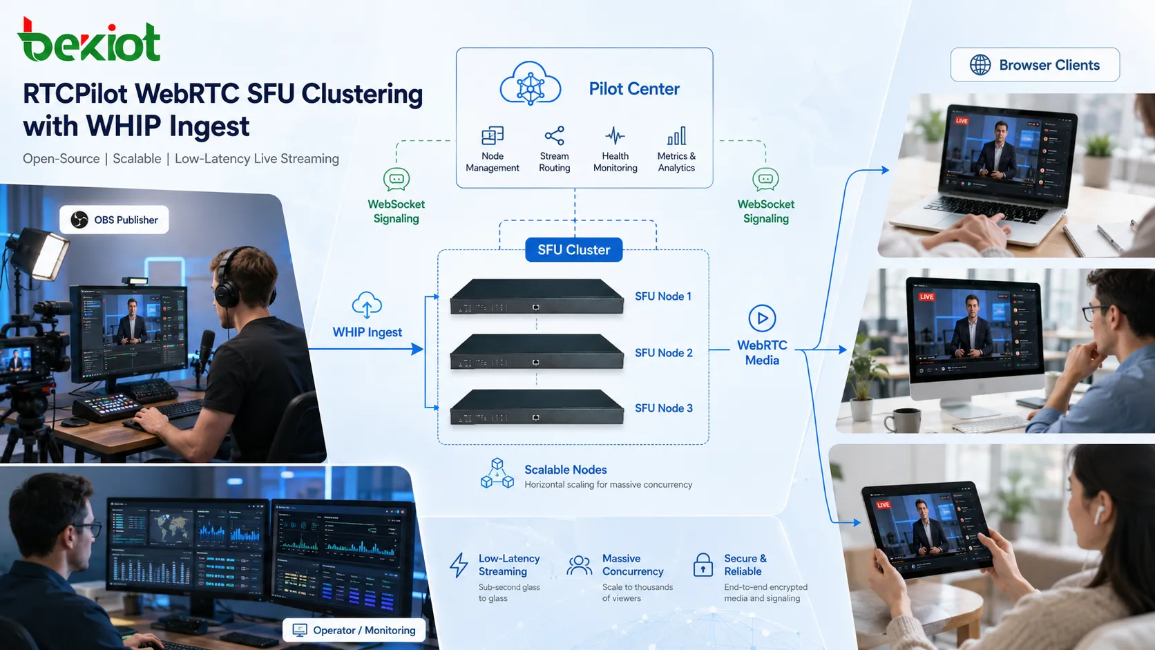Pilot Center、SFUノード、OBS配信者、ブラウザクライアントを含むWebRTC WHIP取り込みとSFUクラスタアーキテクチャ