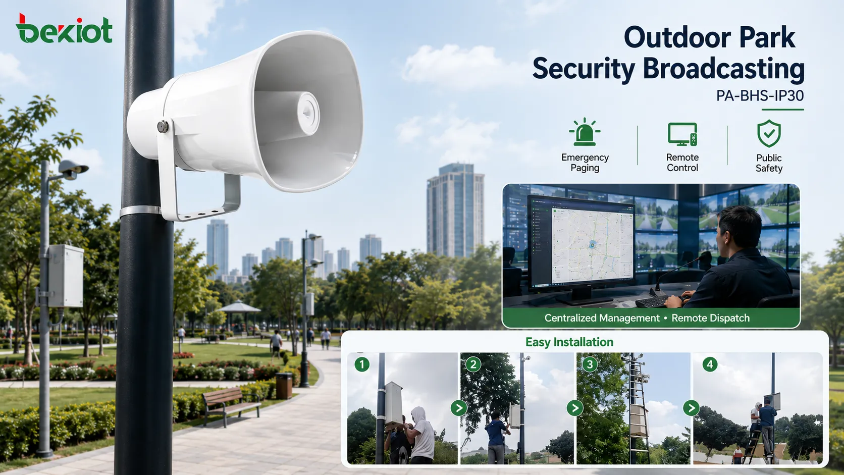 インドネシアの都市公園に設置されたPA-BHS-IP30 SIPホーンスピーカーによる屋外緊急放送とセキュリティ通信
