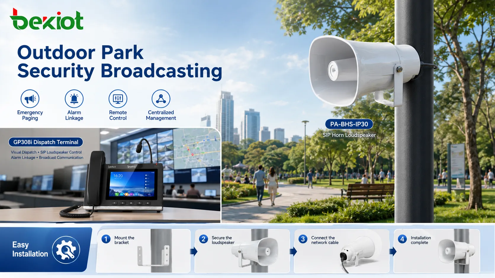 SIPスピーカー、警報連動、屋外公園放送を管理するGP308i卓上型ビジュアル指令端末