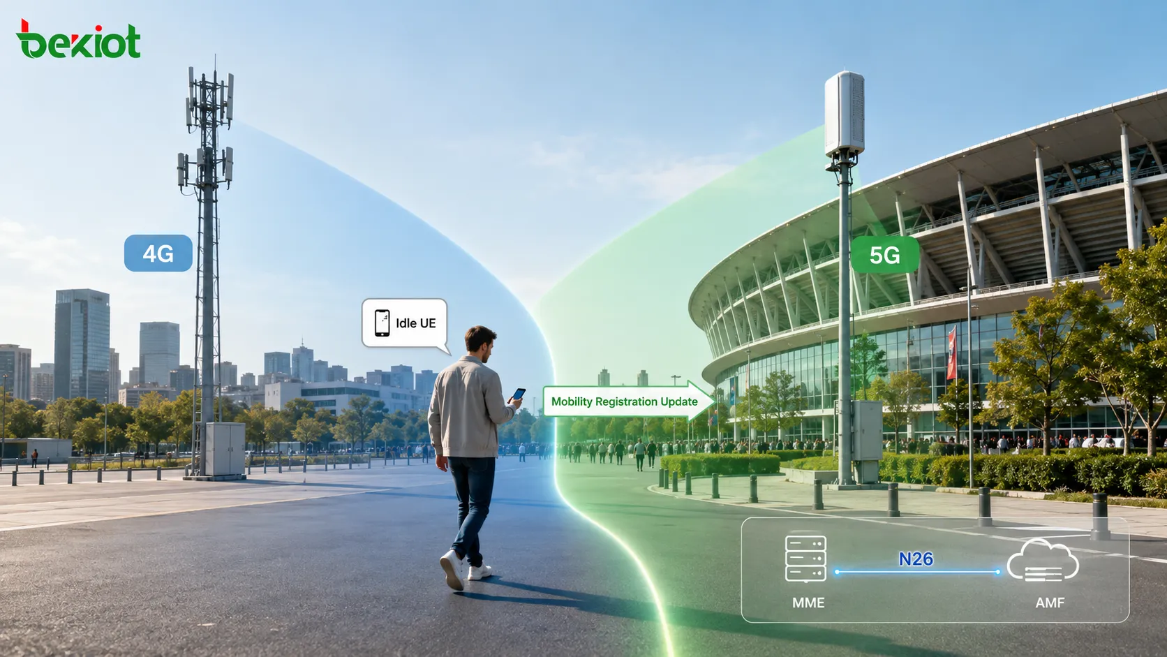 4Gから5Gへのアイドルモビリティ。UEがLTE eNodeB圏内から5G gNodeB圏内に移動し、MME AMF N26インタフェースとモビリティ登録更新を示す。