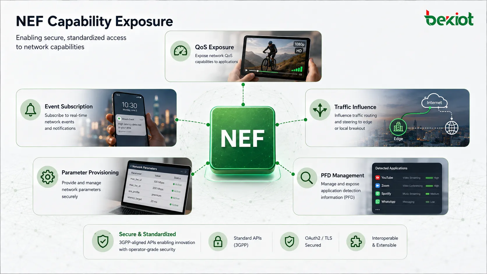 QoS、イベント購読、トラフィック影響、パラメータプロビジョニング、PFD管理を含む5GC NEFの能力公開