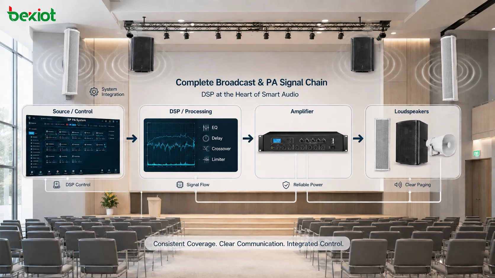 DSPでスピーカーEQディレイクロスオーバーリミッティングと均一な音響カバレッジを制御する業務用放送PAシステム