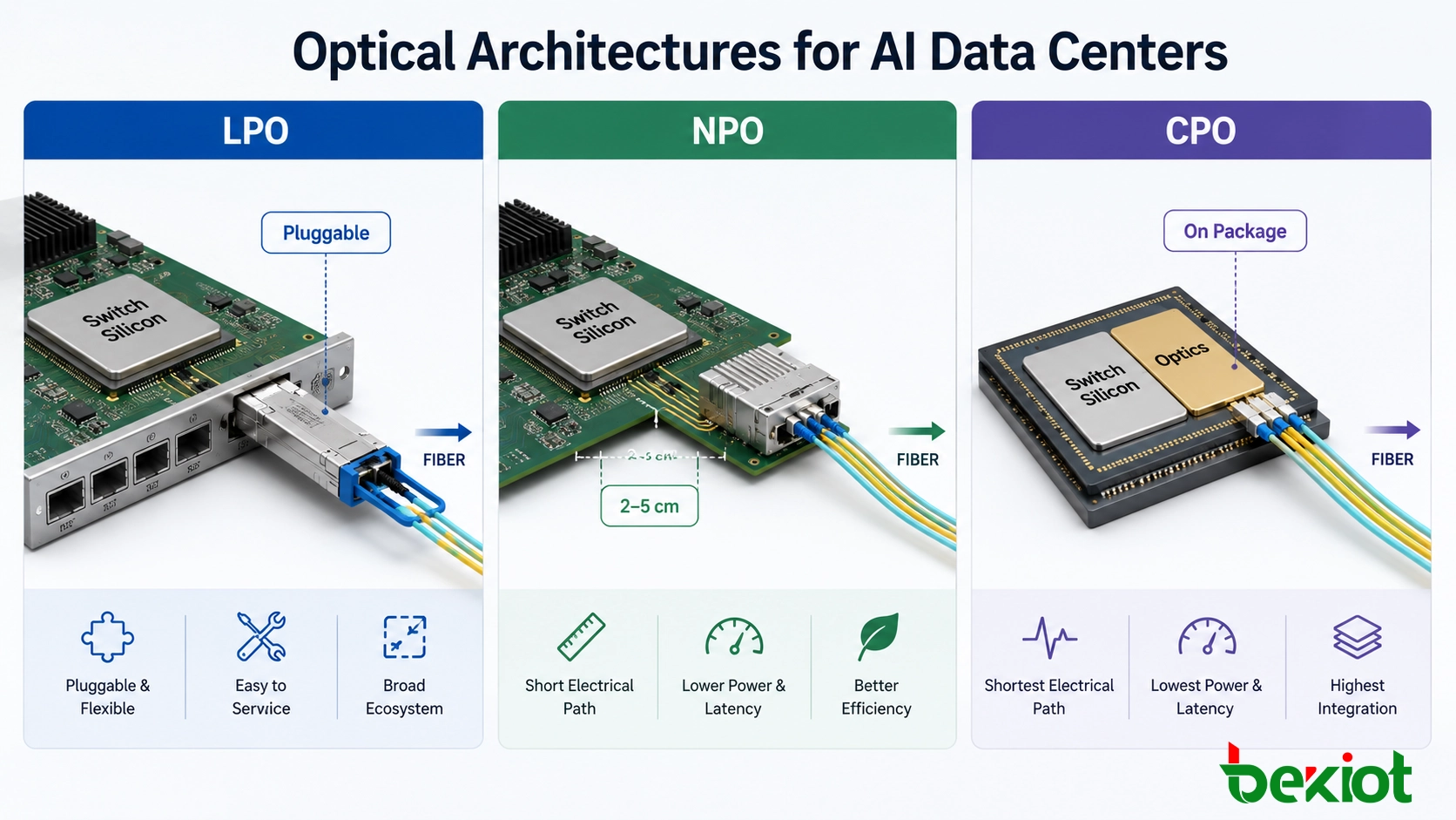 LPO、NPO、CPOアーキテクチャの比較：プラガブル光、ニアパッケージ光エンジン、コパッケージ光