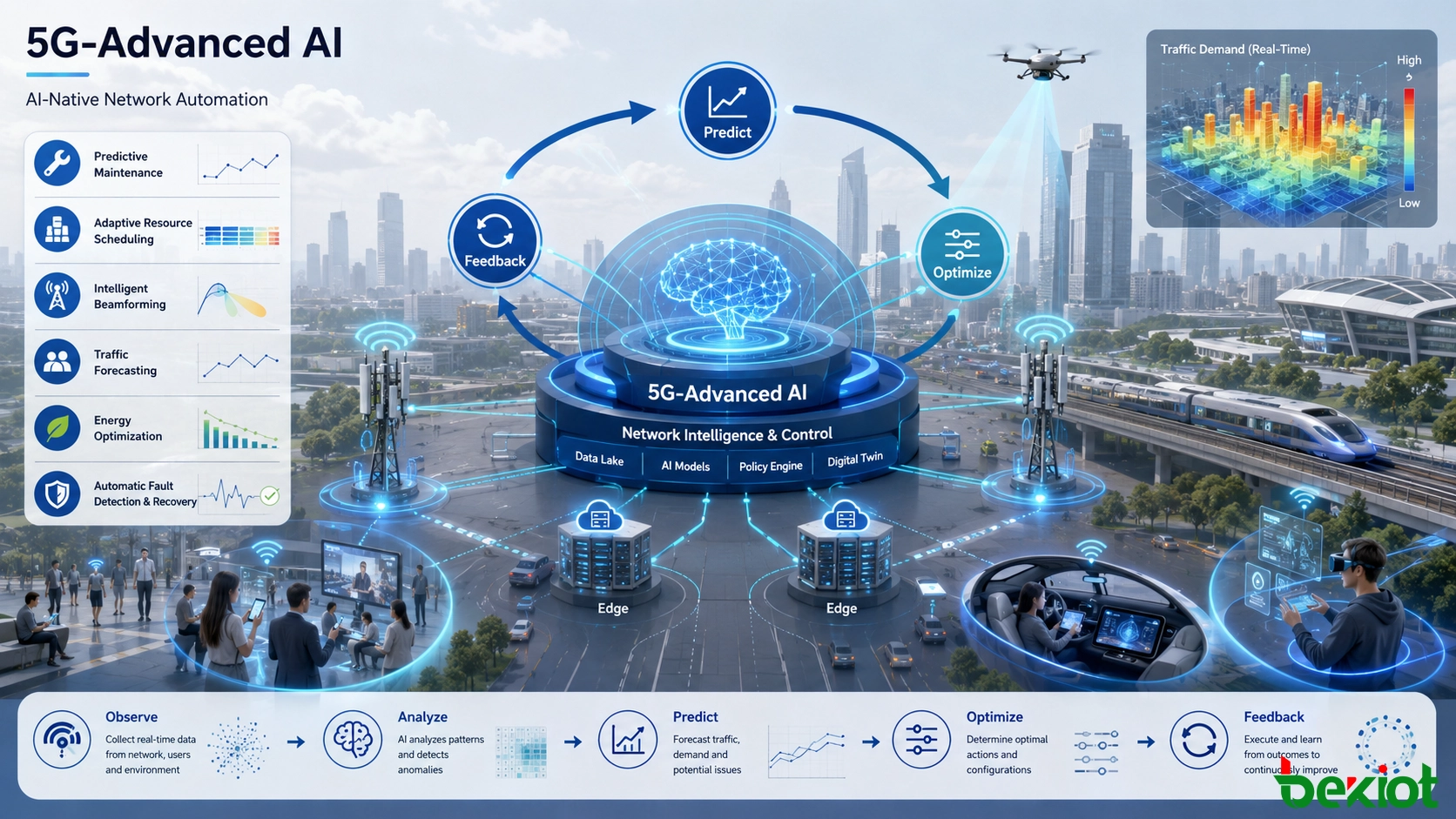 5G-Advanced AIクローズドループネットワーク自動化（予測、リソーススケジューリング、ビームフォーミング、エネルギー最適化）