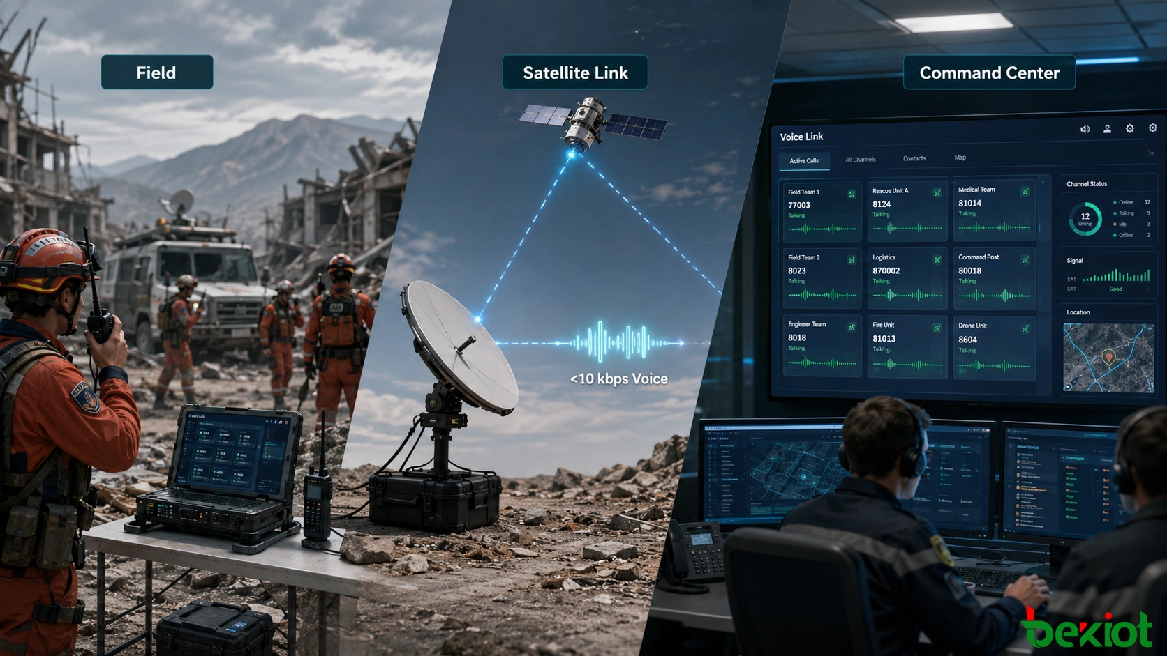 衛星接続を介してフィールド無線機とリモート指令センターを結ぶ低帯域幅緊急音声通信
