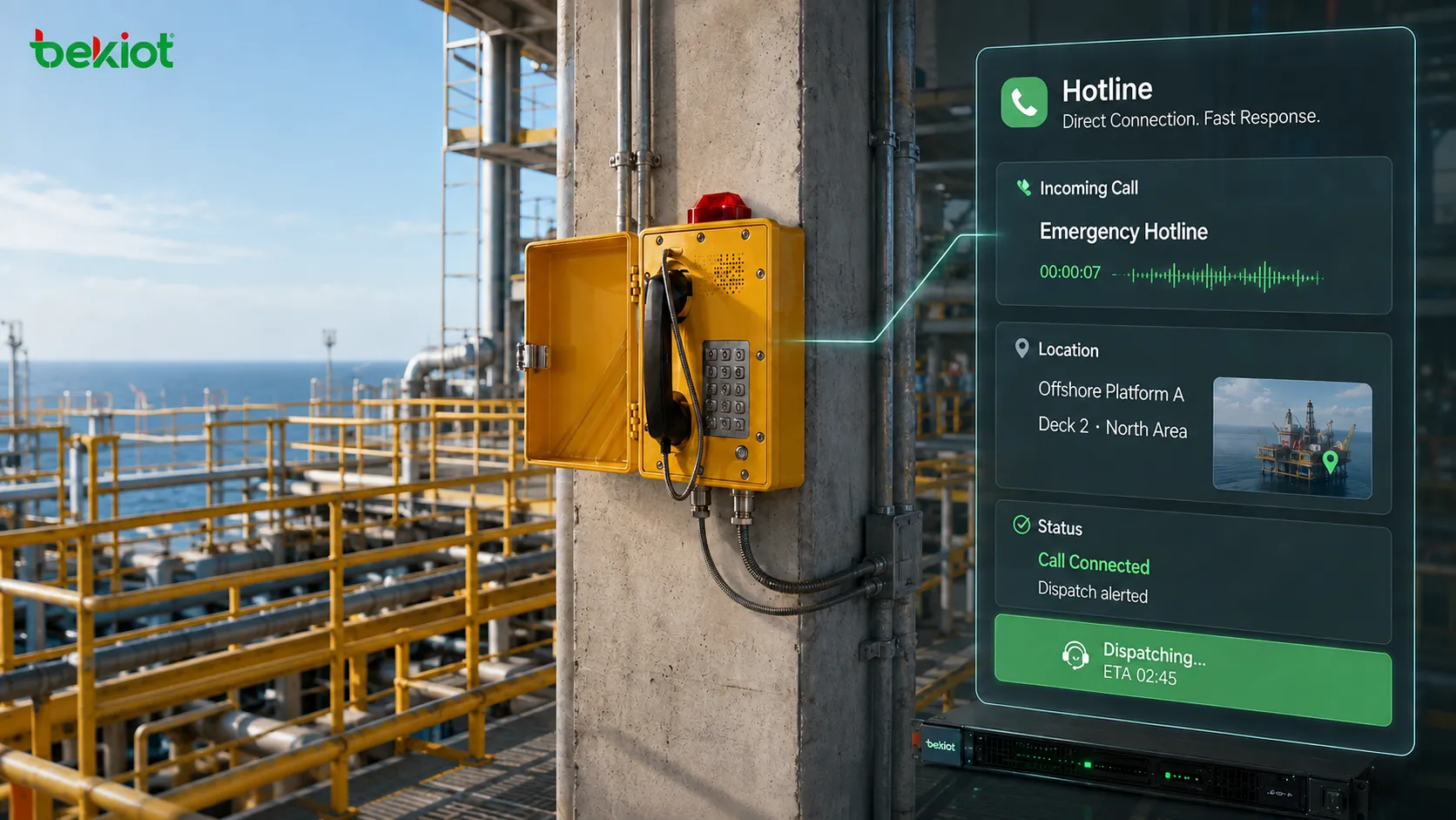 危険区域で緊急直通通話に使用されるEX-BH621防爆電話。現場要員、制御室指令プラットフォーム、ホットライン、位置表示、迅速な対応フローを示す