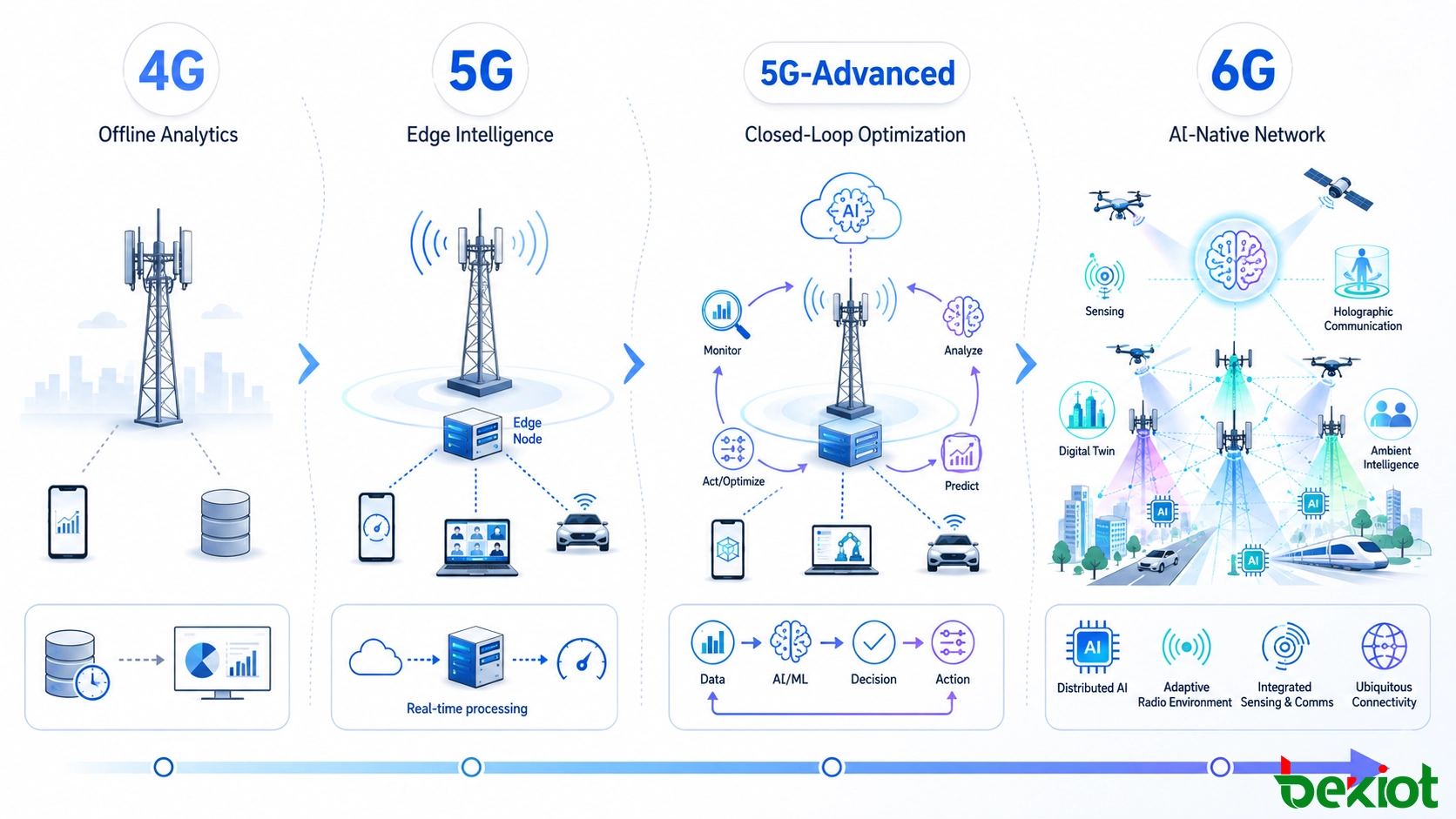モバイルネットワークにおけるAIの進化：オフライン4G分析から5Gエッジインテリジェンス、5G-Advancedクローズドループ最適化、将来のAIネイティブ6Gへ
