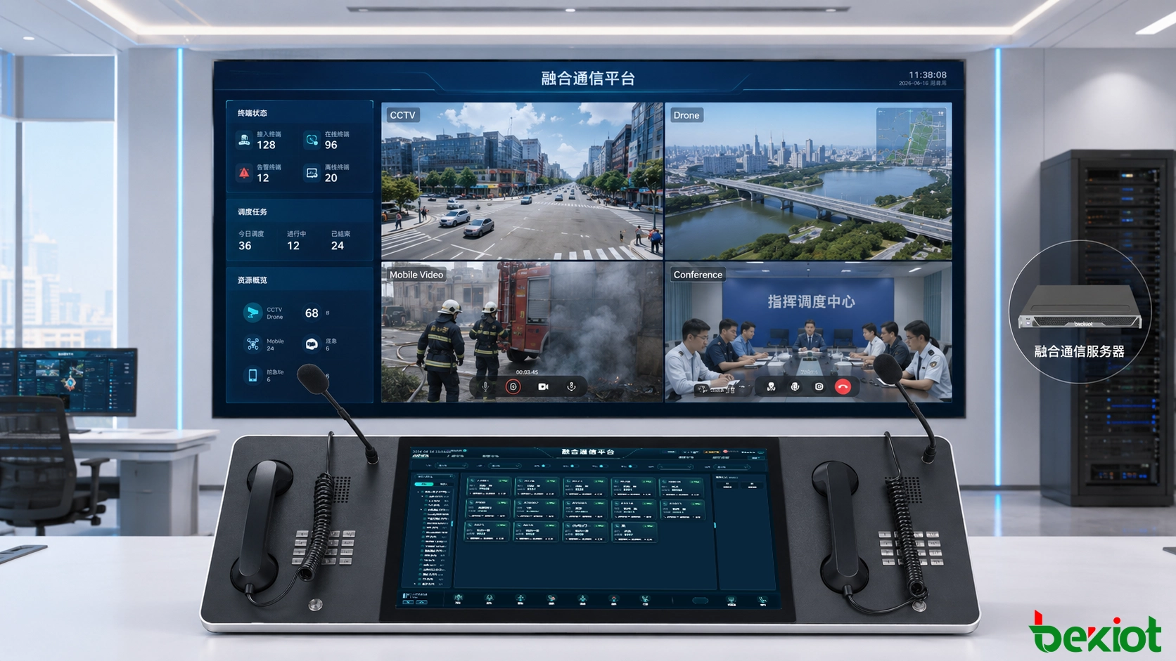 プロトコルとメディアの正規化後にCCTV、ドローン、ビデオ会議、モバイルビデオストリームを表示する統合指令センター