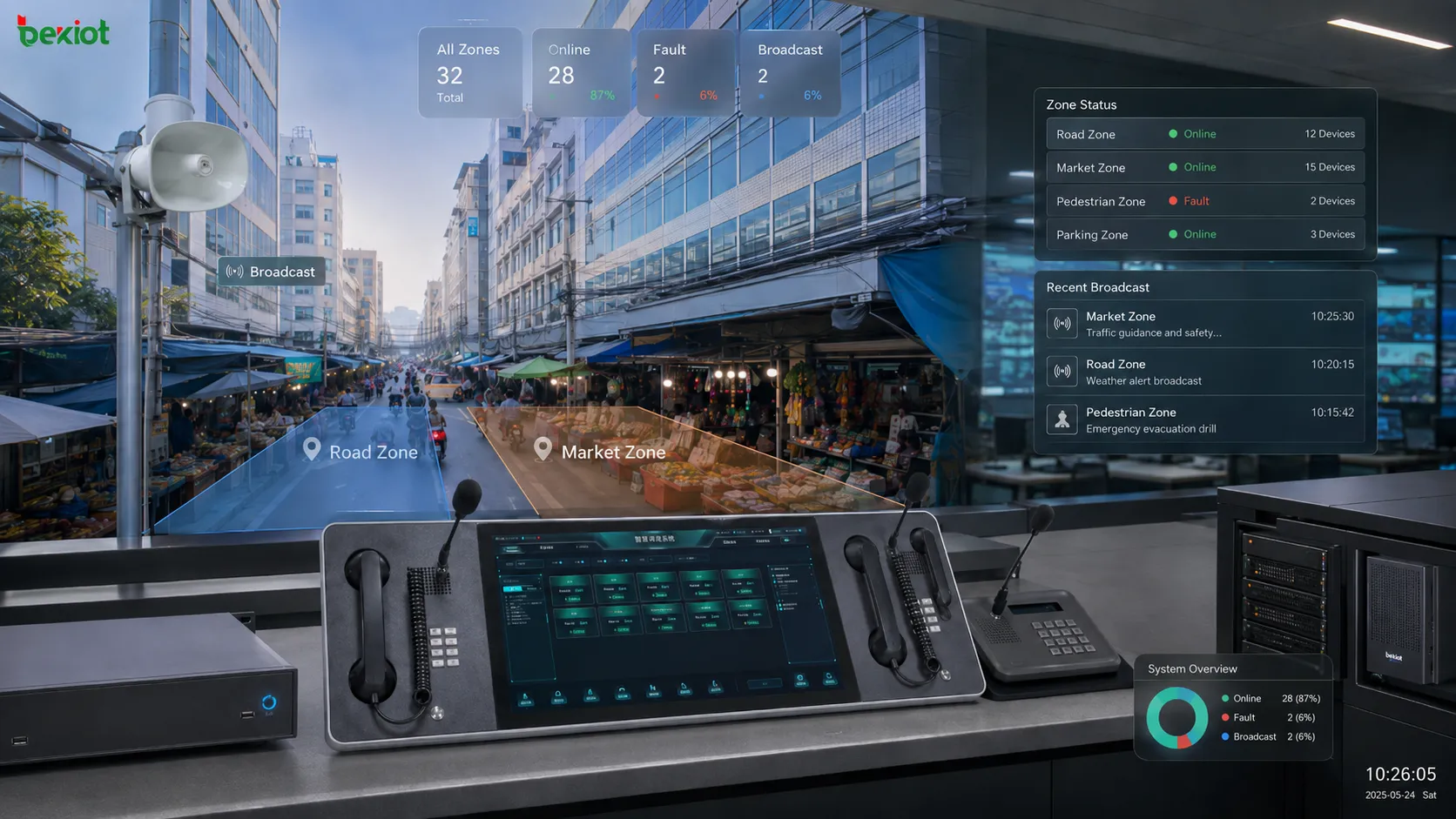 スマート道路のPA運用として、CCTV監視、制御センター、ゾーン化されたスピーカー、スマート街路灯ポール、道路空間への公共情報伝達を示す構成