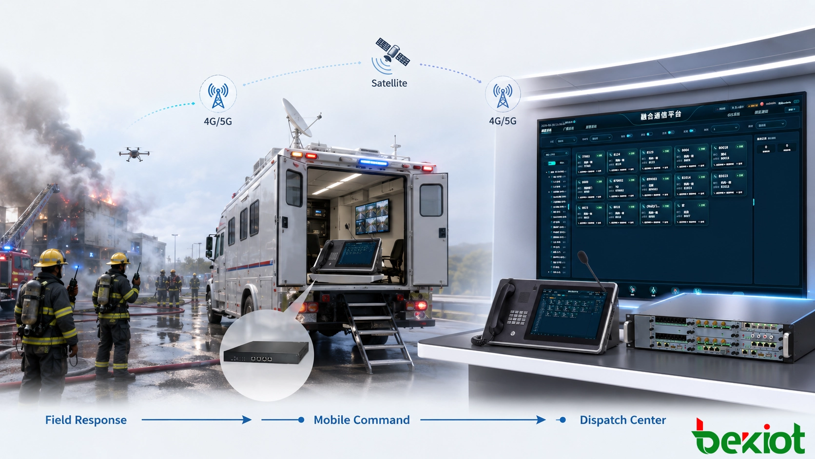 消防士と救助要員が無線機を使用し、緊急指揮車を介して4G、5G、および衛星通信リンク経由で遠隔指令センターに接続される緊急対応ワークフロー