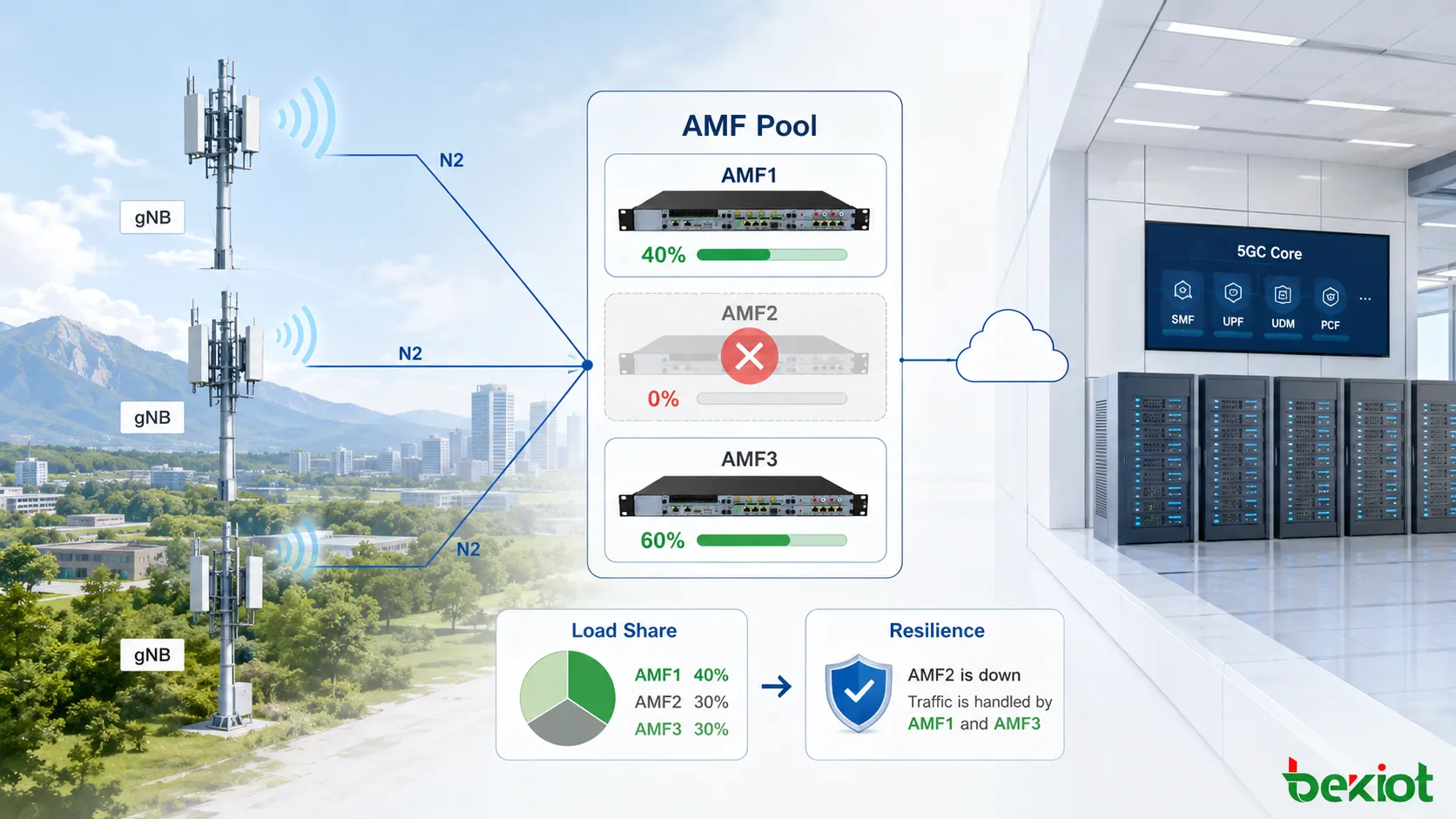 MCC、MNC、AMF Region ID、AMF Set ID、AMF Pointerによって5G Core内のAMFインスタンスを識別するGUAMI階層