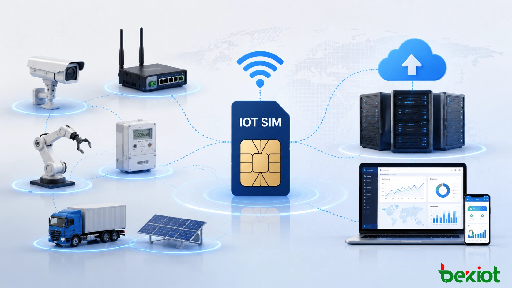 IoT SIMカードがセルラーネットワークを介して産業機器と遠隔端末を接続する構成