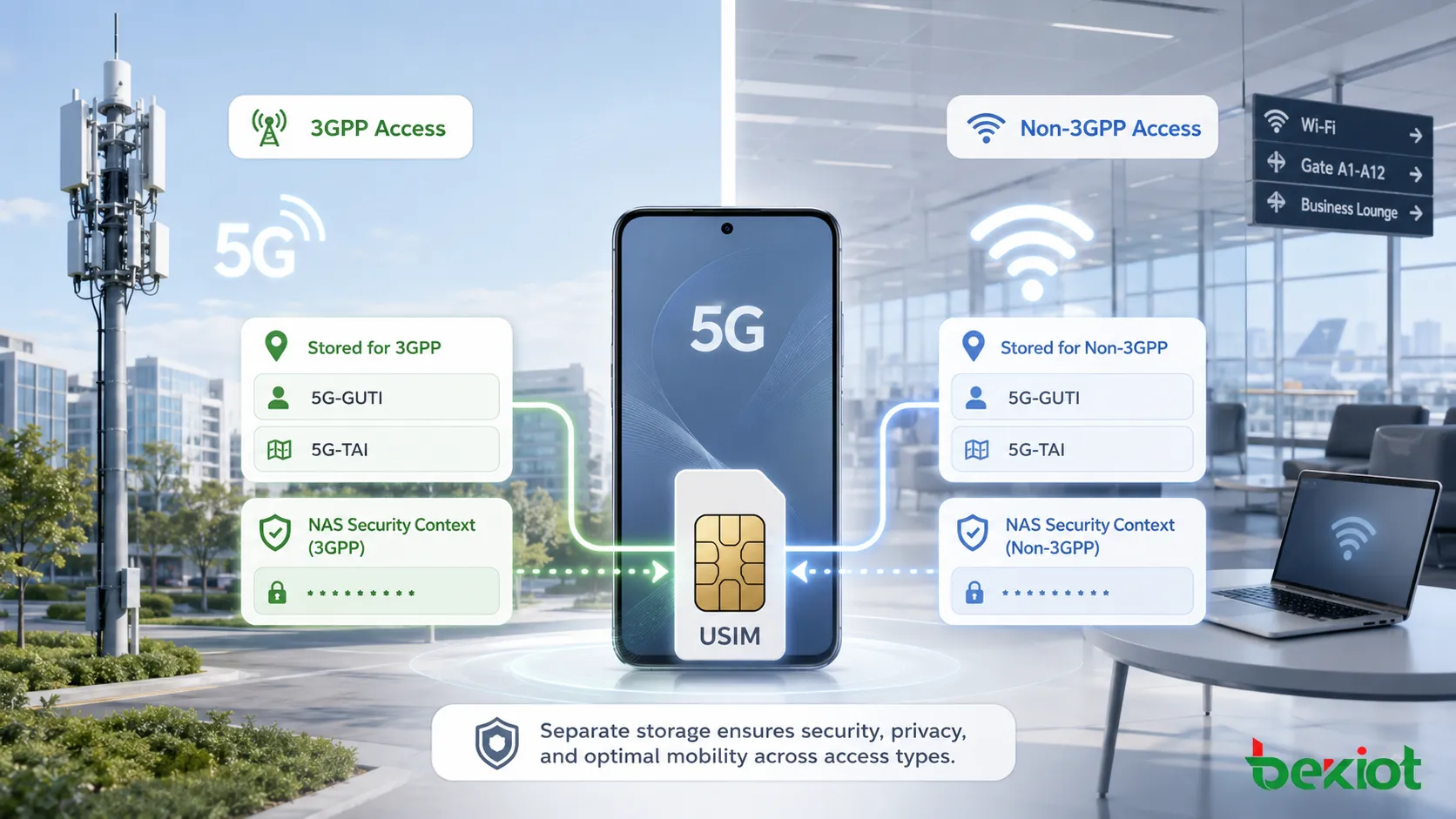 5G USIMが3GPPアクセスと非3GPPアクセスで個別の位置情報とNASセキュリティコンテキストを保存する様子