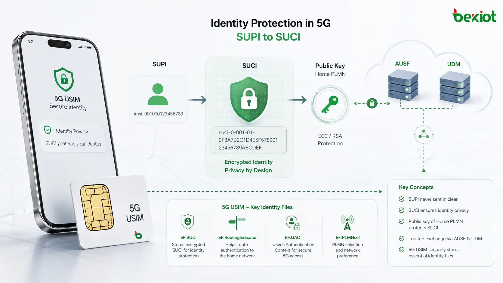 5G USIMがSUCI計算データ、ルーティングインジケータ、UAC、PLMN関連EFファイルをアイデンティティプライバシーとアクセス管理に使用する様子