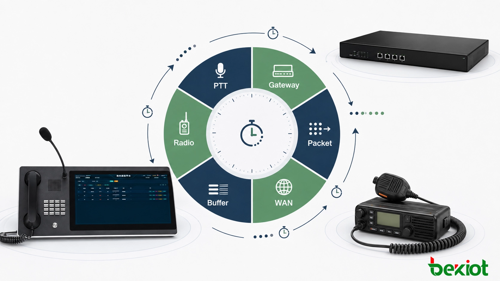 PTT処理、ゲートウェイ遅延、IPトランスポート、ジッタバッファ、無線キーイング、RF遅延を示すRoIP遅延予算